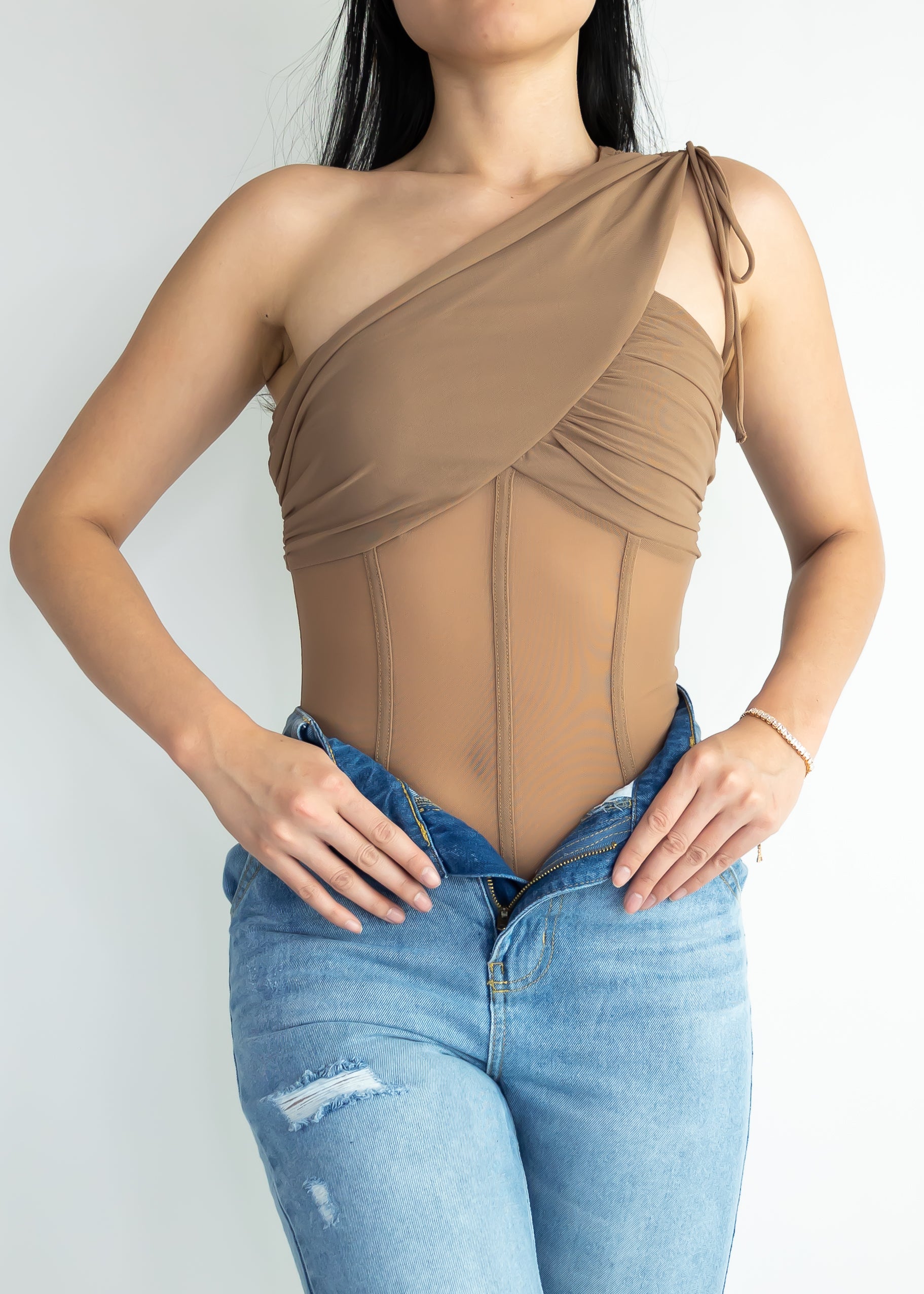 One shoulder corset-inspired bodysuit