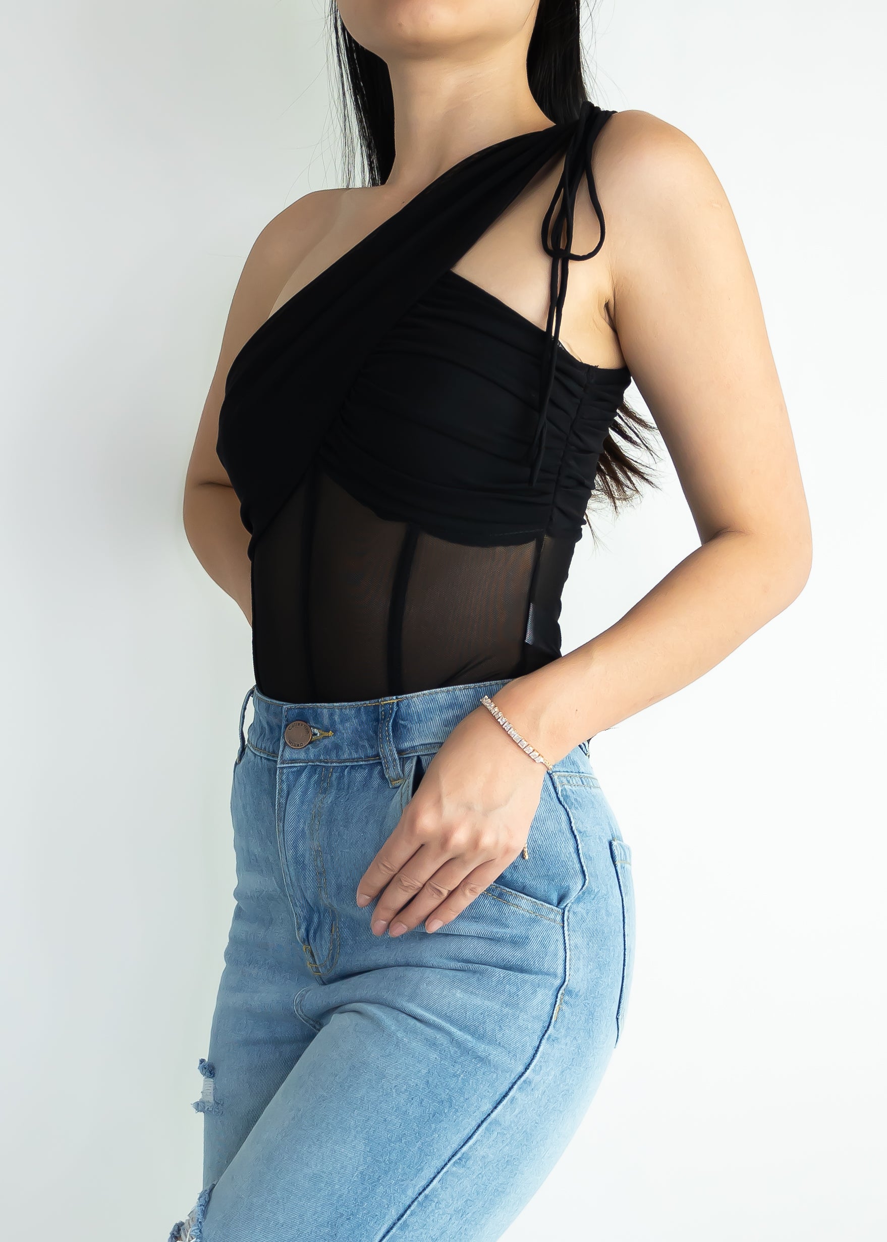 One shoulder corset-inspired bodysuit