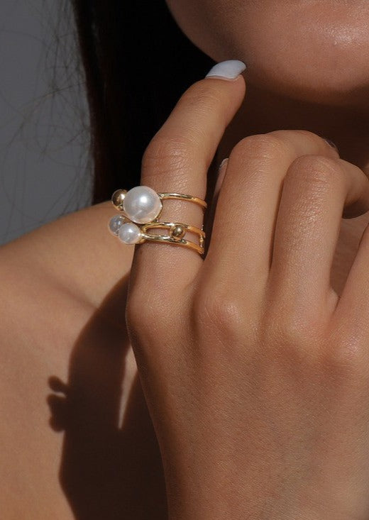 Gold Beads Pearls Statement Opening Ring