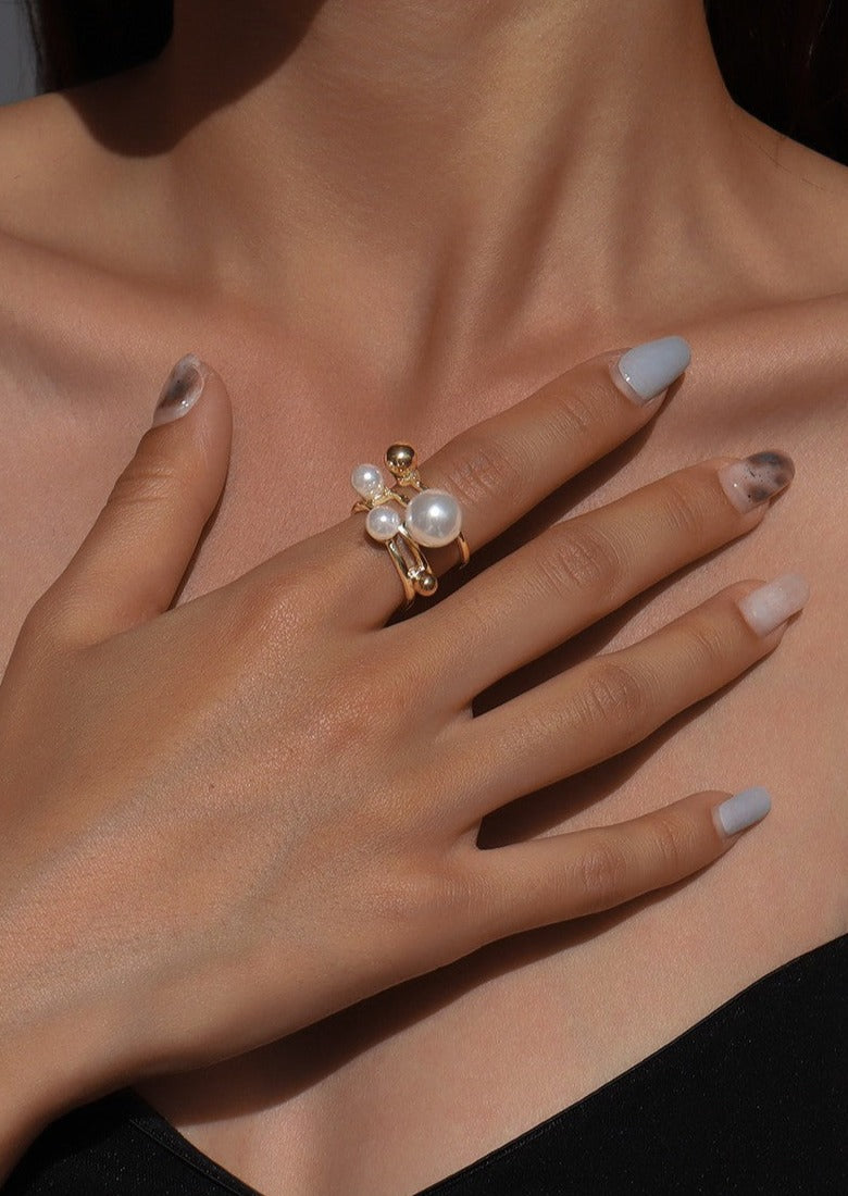 Gold Beads Pearls Statement Opening Ring