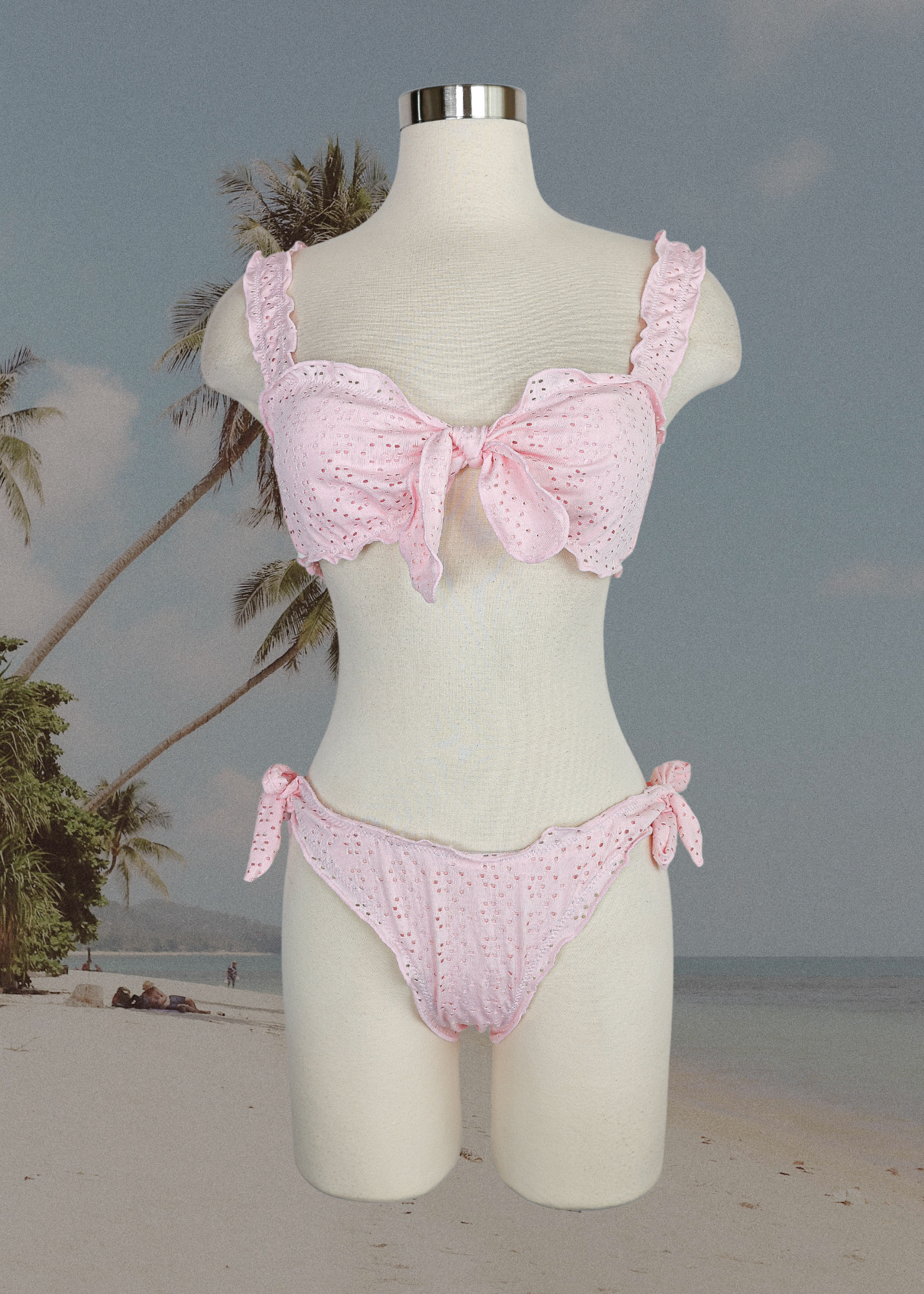 Solid Eyelet Ruffle Trim Bikini Set