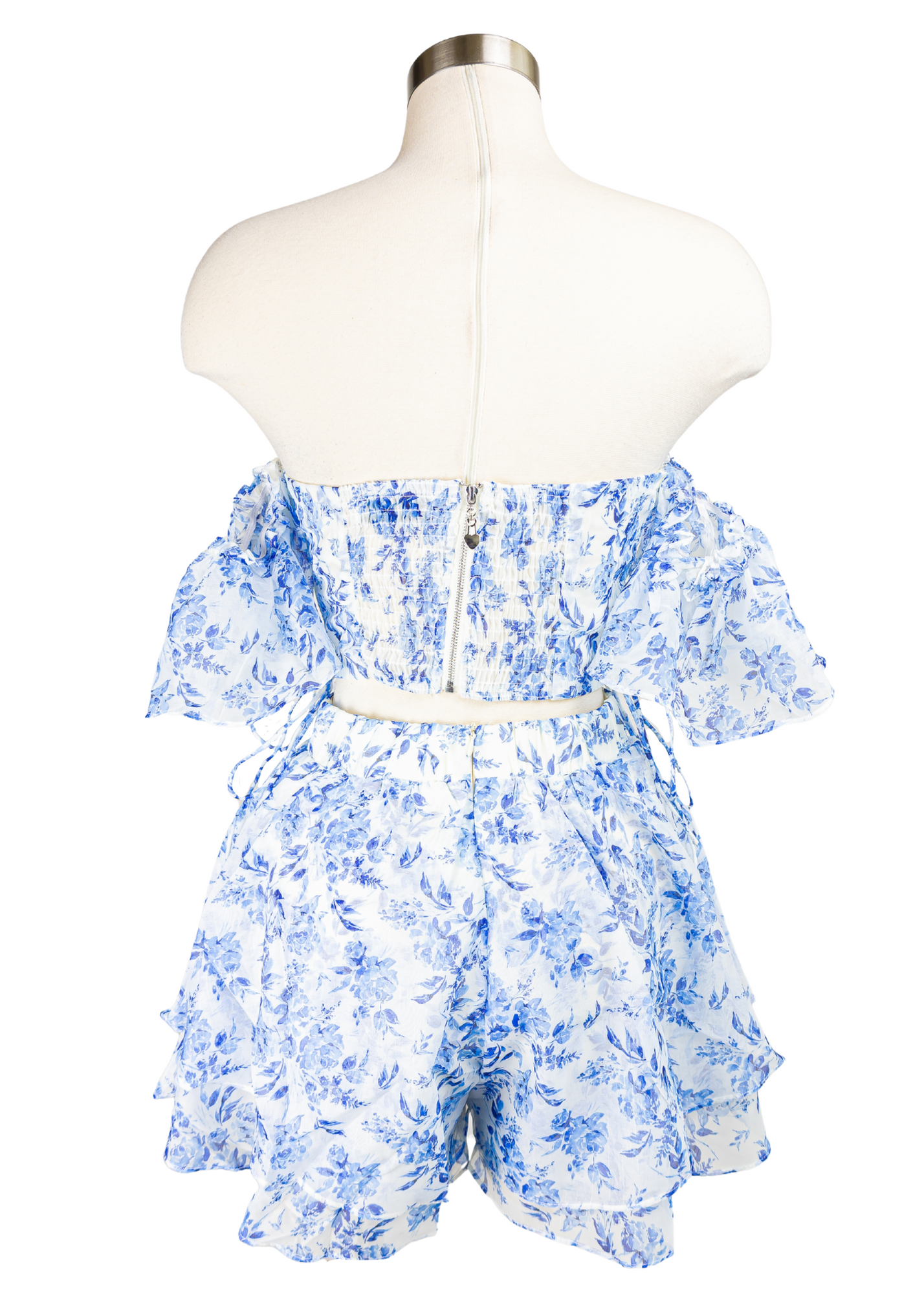 Printed Set of Crop Top with Open Shoulder Design, Draw String Front Detail, Back Zipper, and double layered Shorts