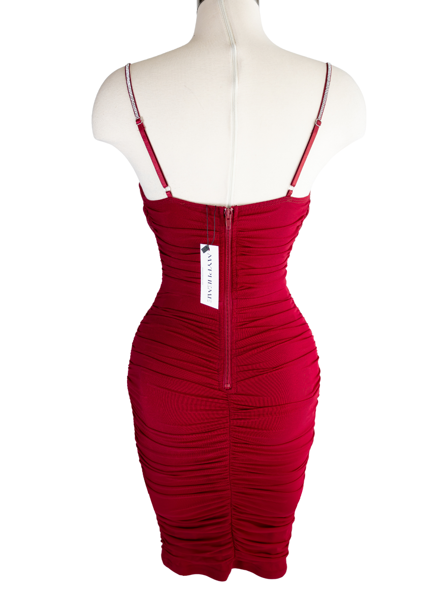 The Casey midi dress is the epitome of sophisticated glamor. It has adjustable shoulder straps, a zipper at the back, and underwire cups. Casey dress has a tight cut for a bodycon fit with draped skirt