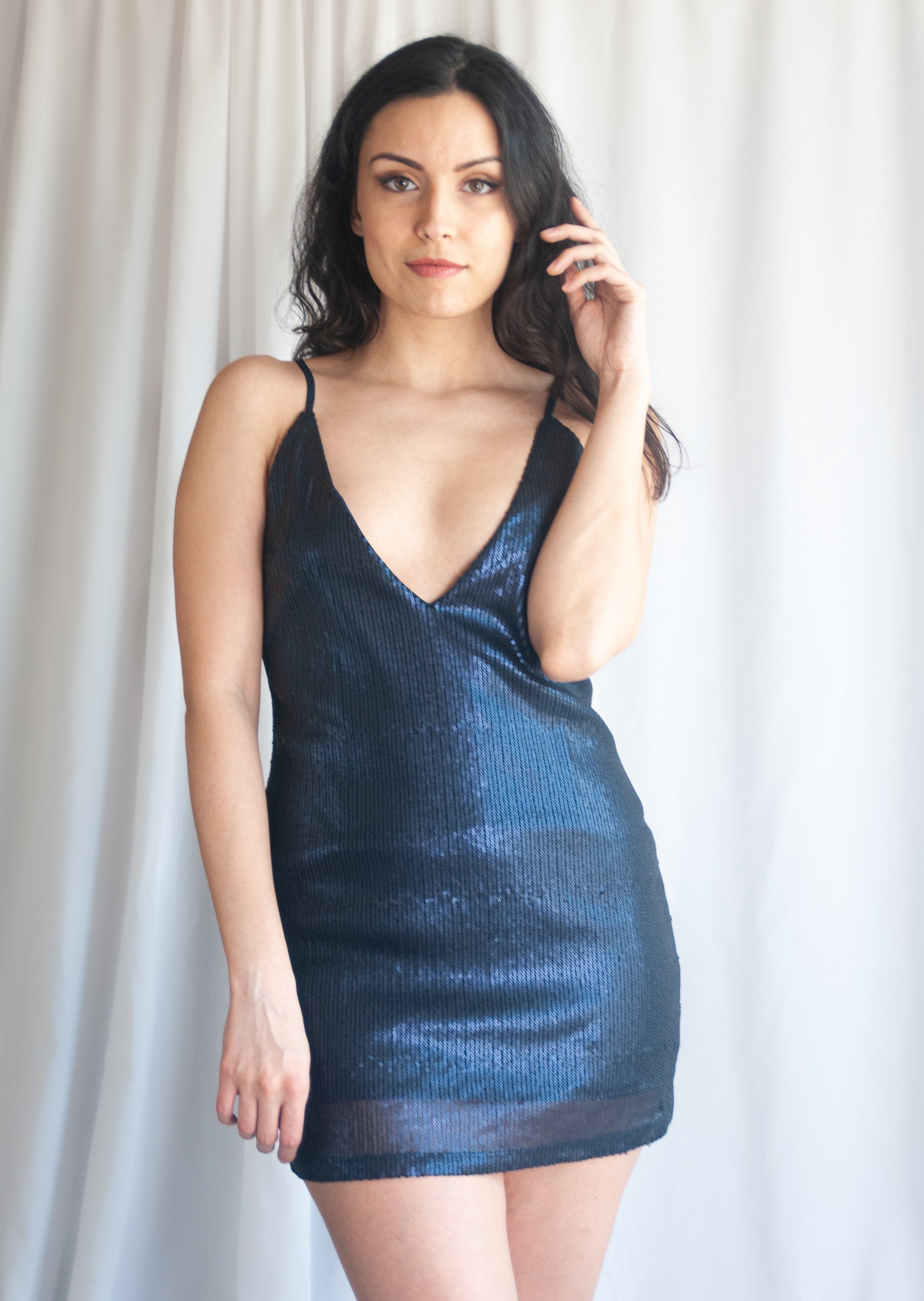 V-line sequence dark blue mini dress