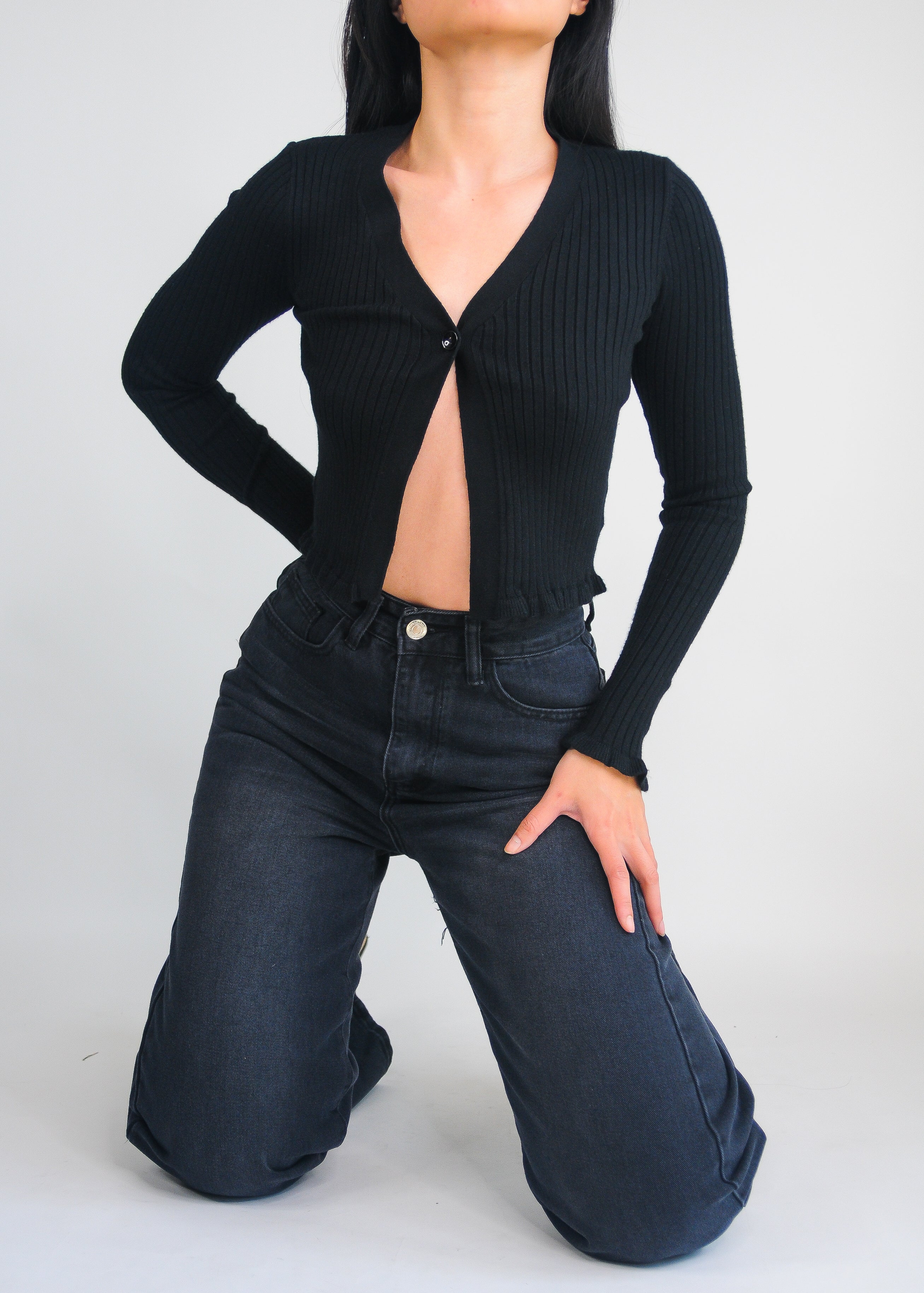 Single button cardigan crop top with ruffle details