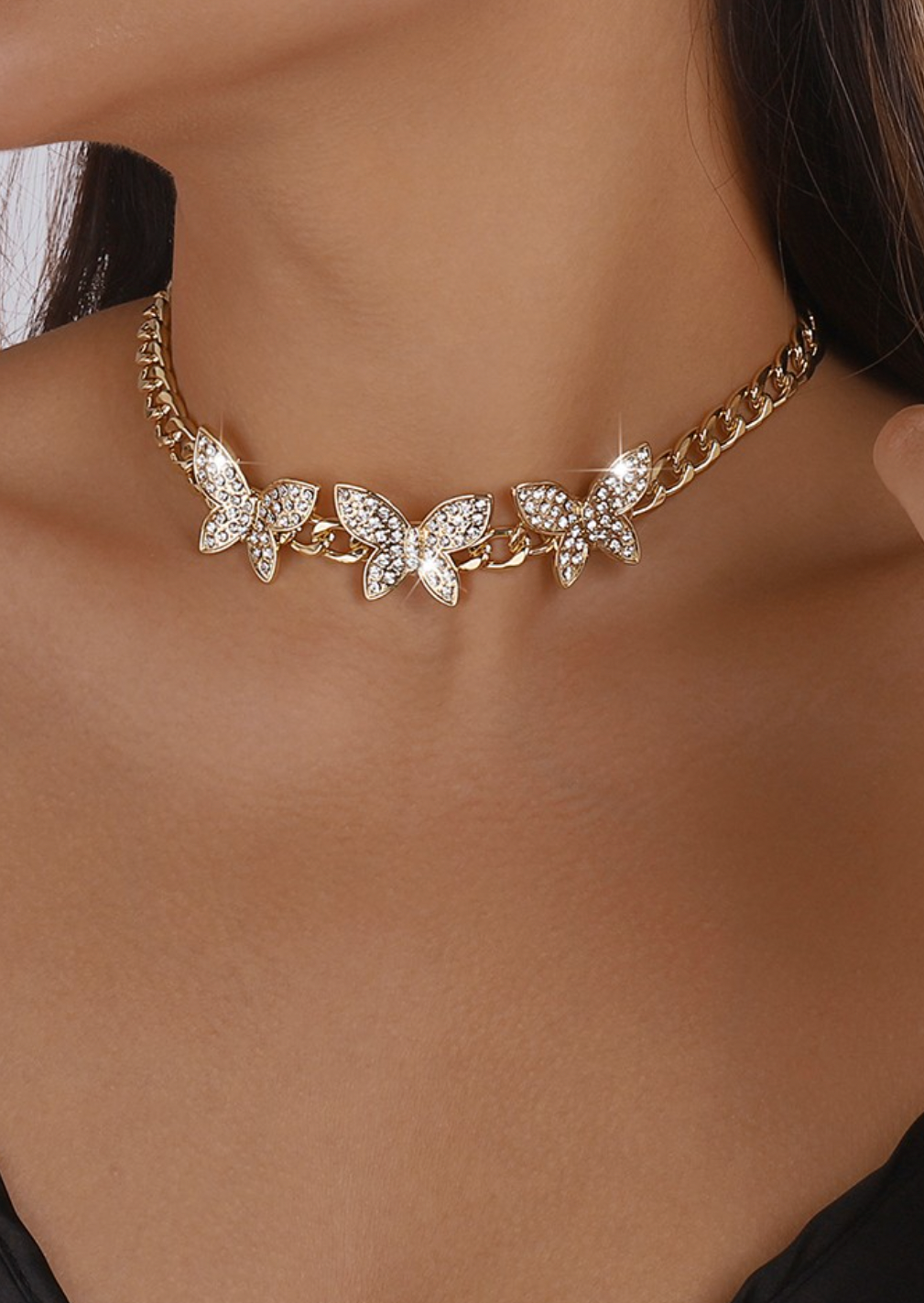 Cuban Link Chain Rhinestone Butterfly Necklace