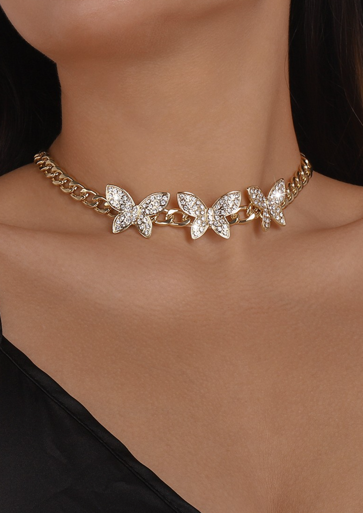 Cuban Link Chain Rhinestone Butterfly Necklace