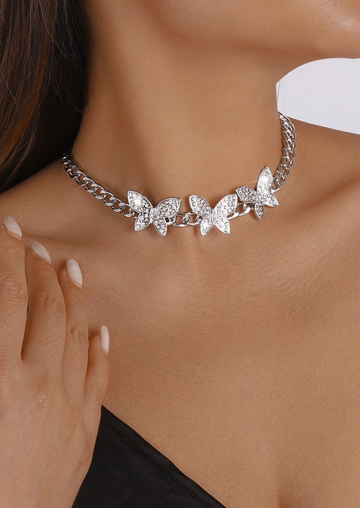 Cuban Link Chain Rhinestone Butterfly Necklace
