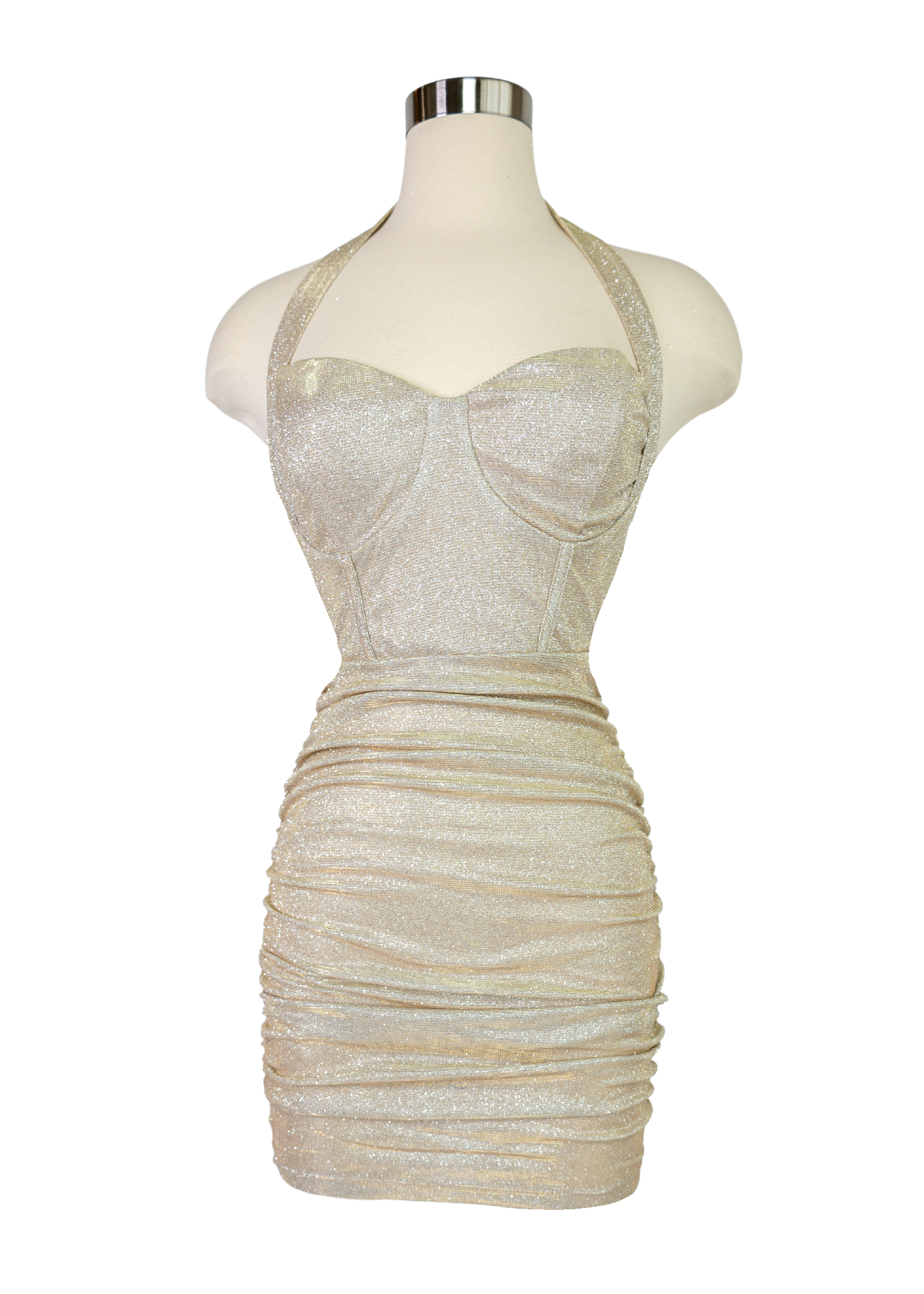 Halter corset inspired ruched glitter mini dress