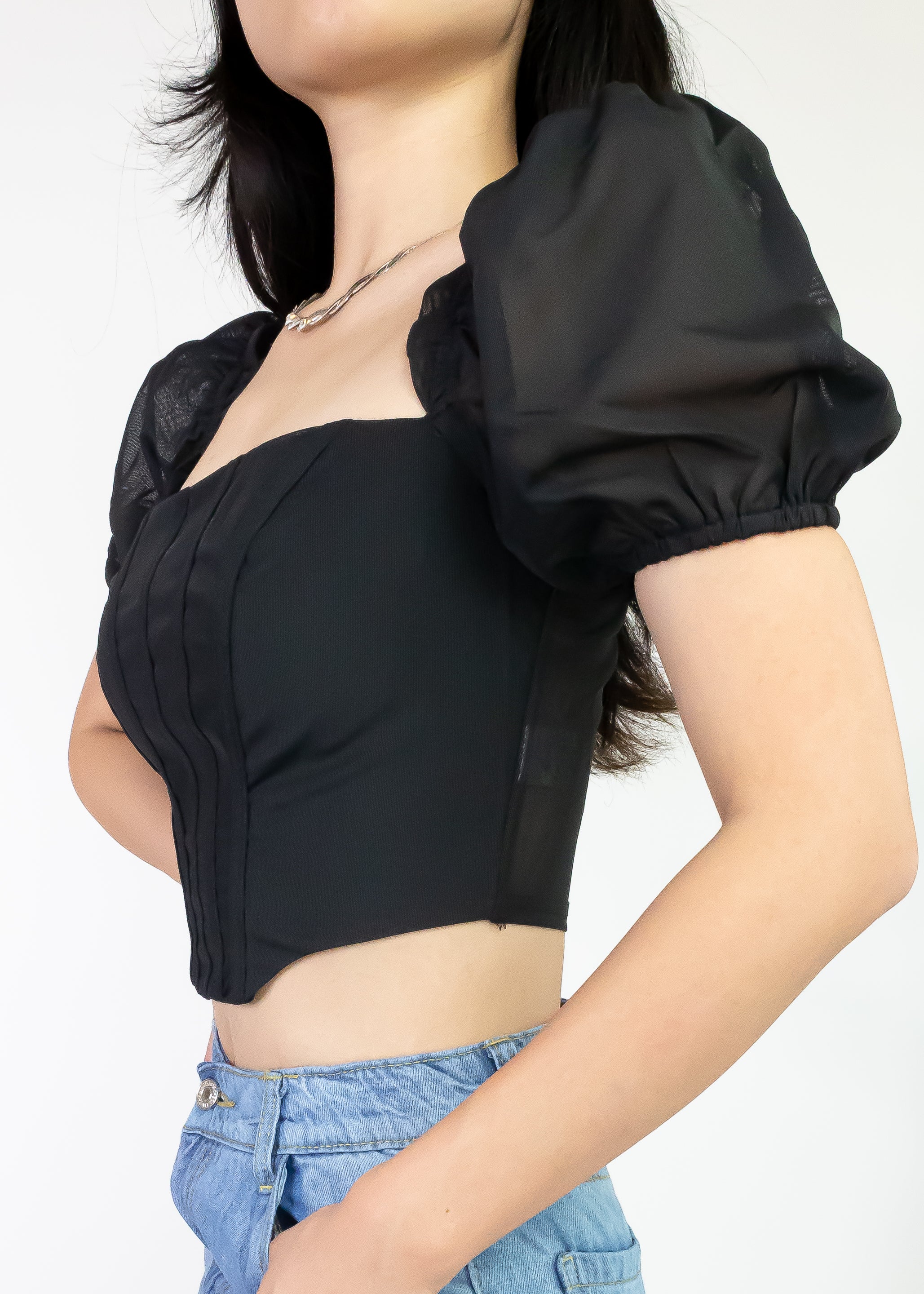 Corset style top with puff sleeve