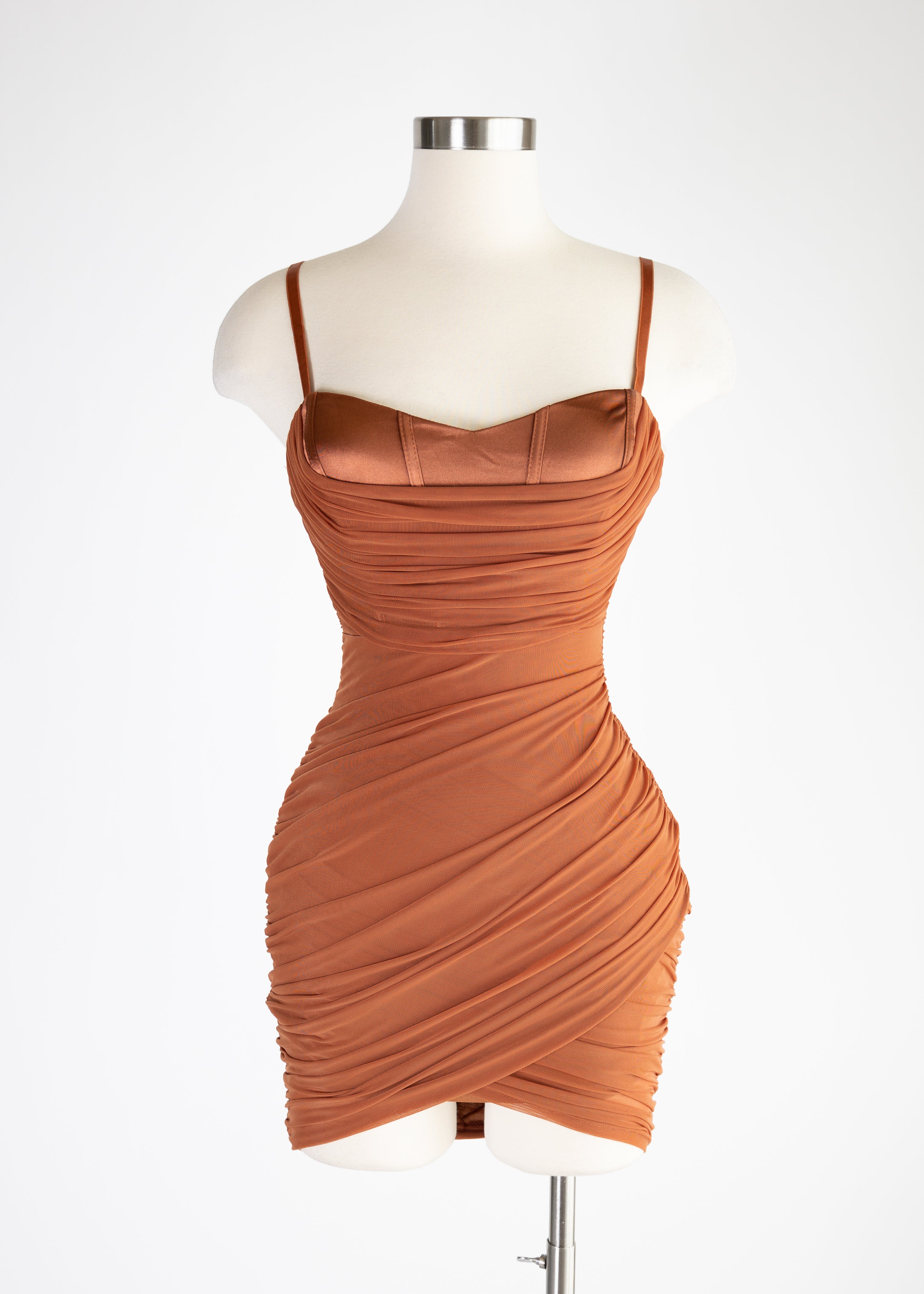 Lux mesh cowl neck tulip sleeveless bodycon mini dress