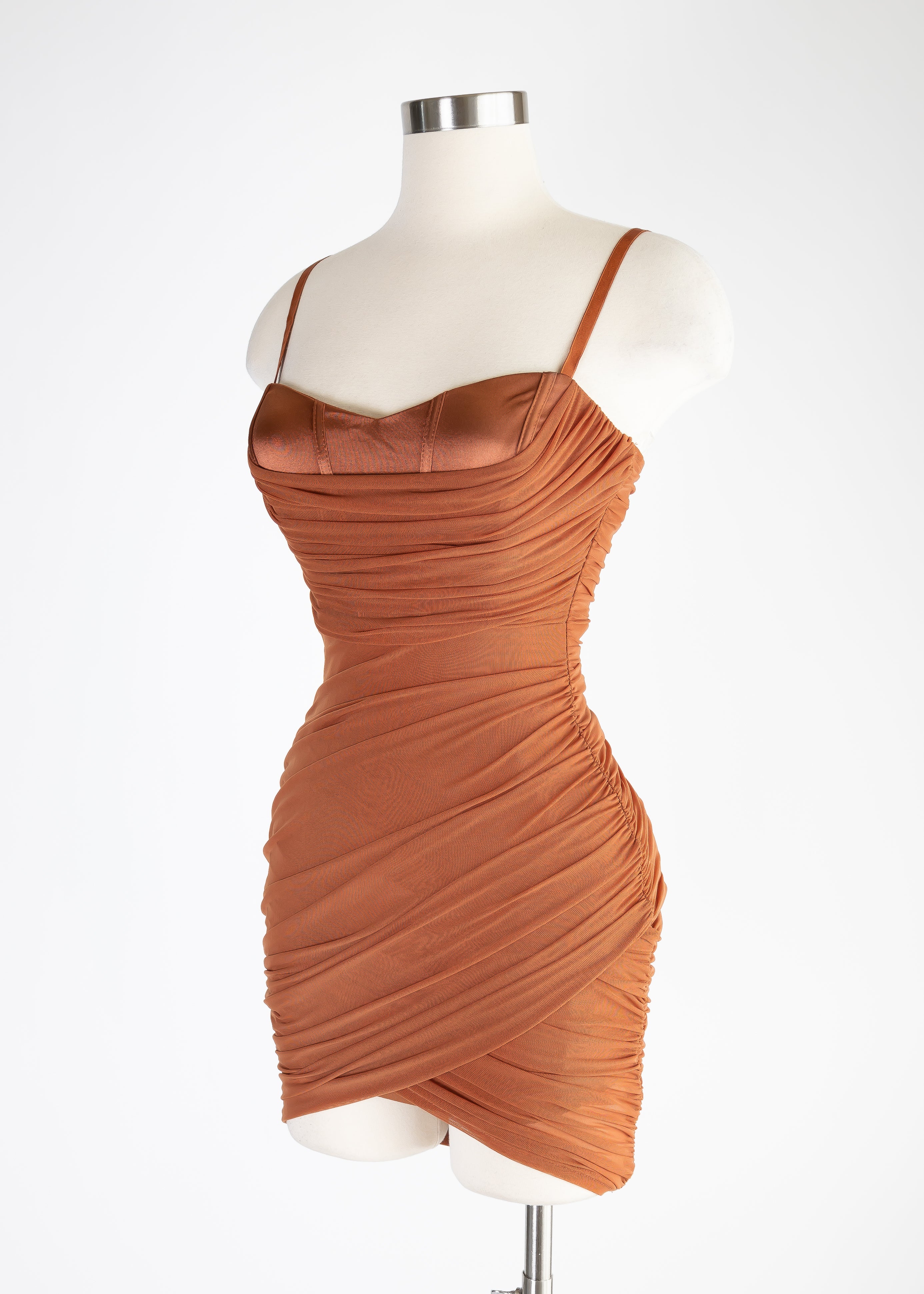 Lux mesh cowl neck tulip sleeveless bodycon mini dress