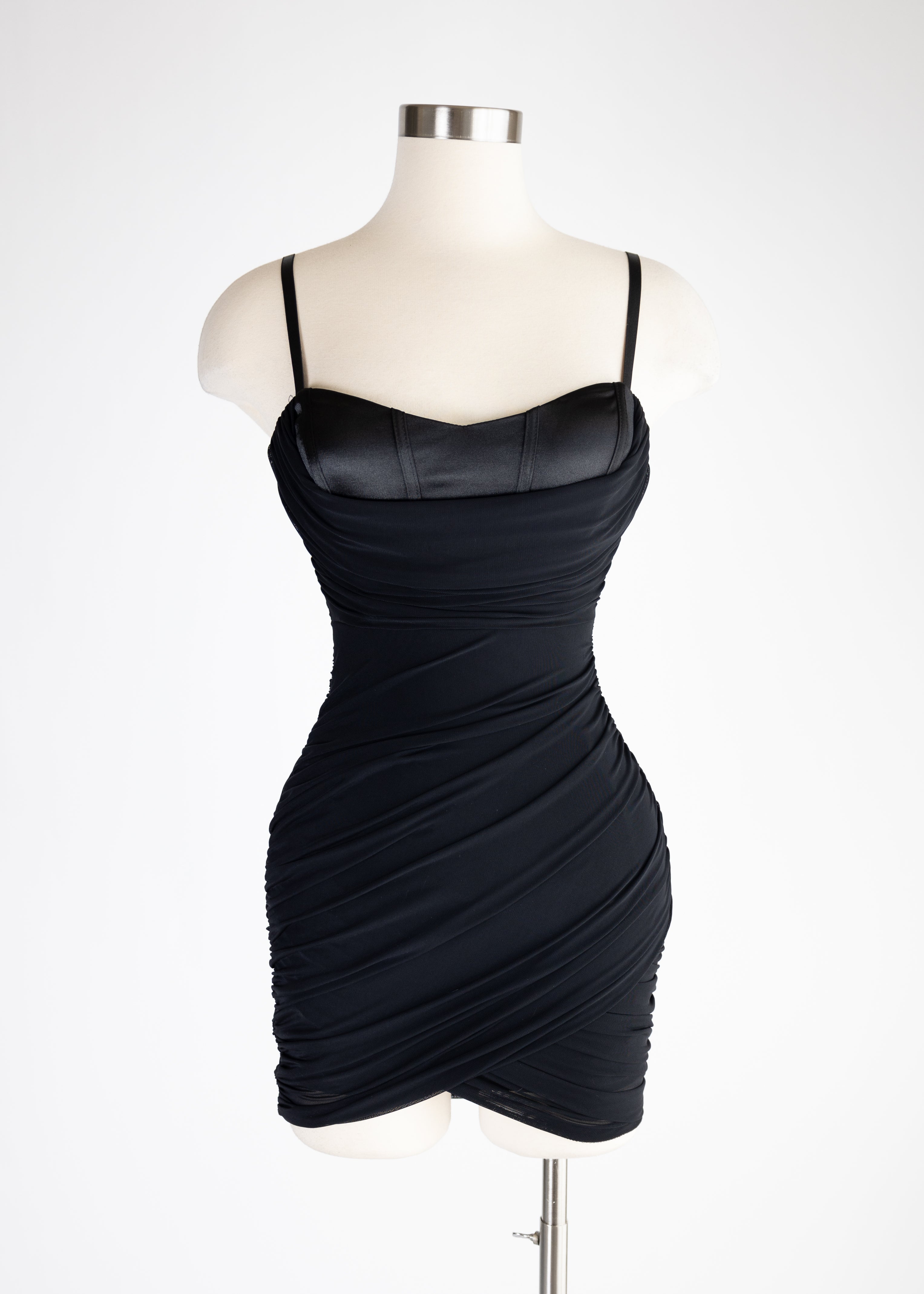 Lux mesh cowl neck tulip sleeveless bodycon mini dress