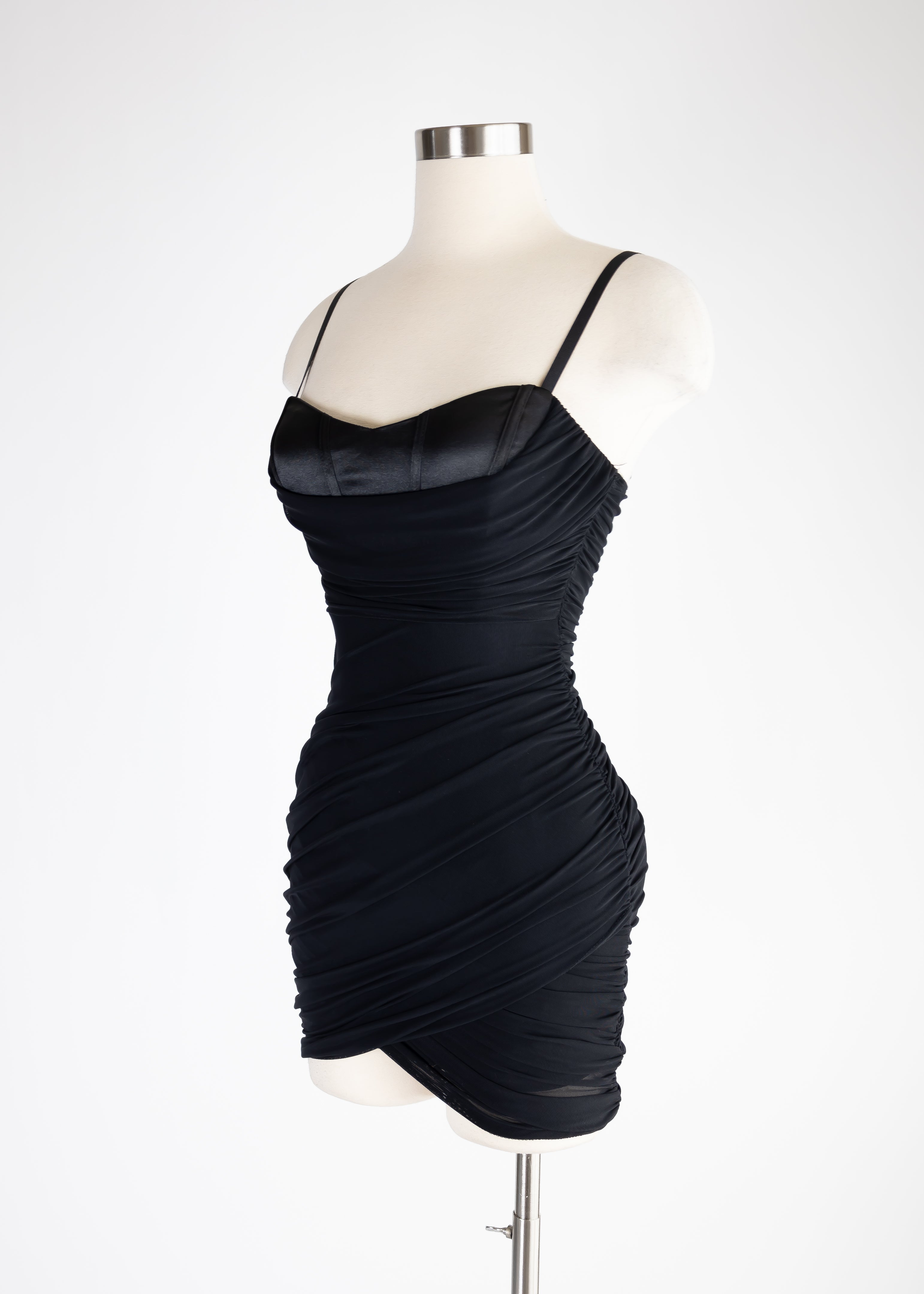 Lux mesh cowl neck tulip sleeveless bodycon mini dress