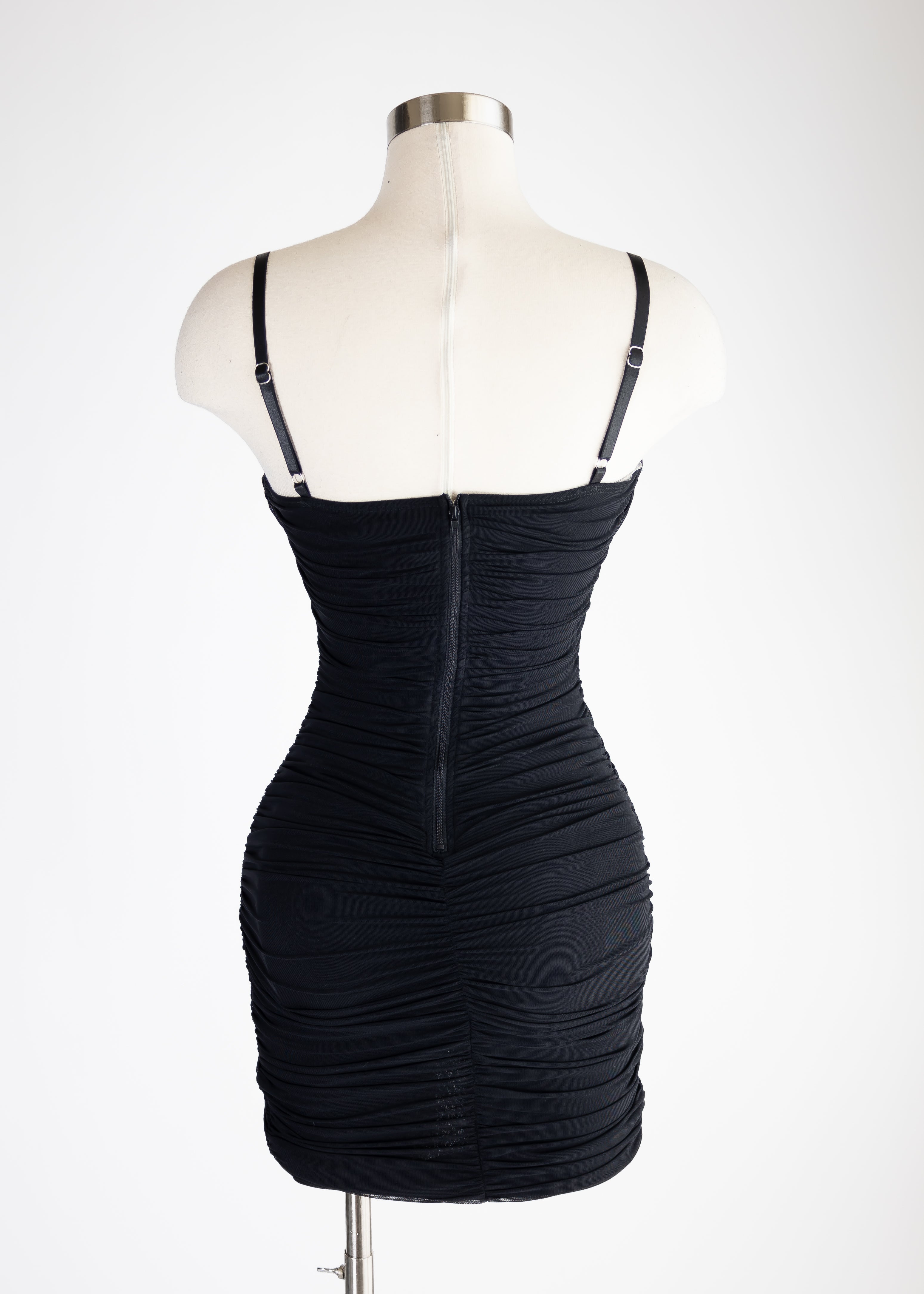 Lux mesh cowl neck tulip sleeveless bodycon mini dress