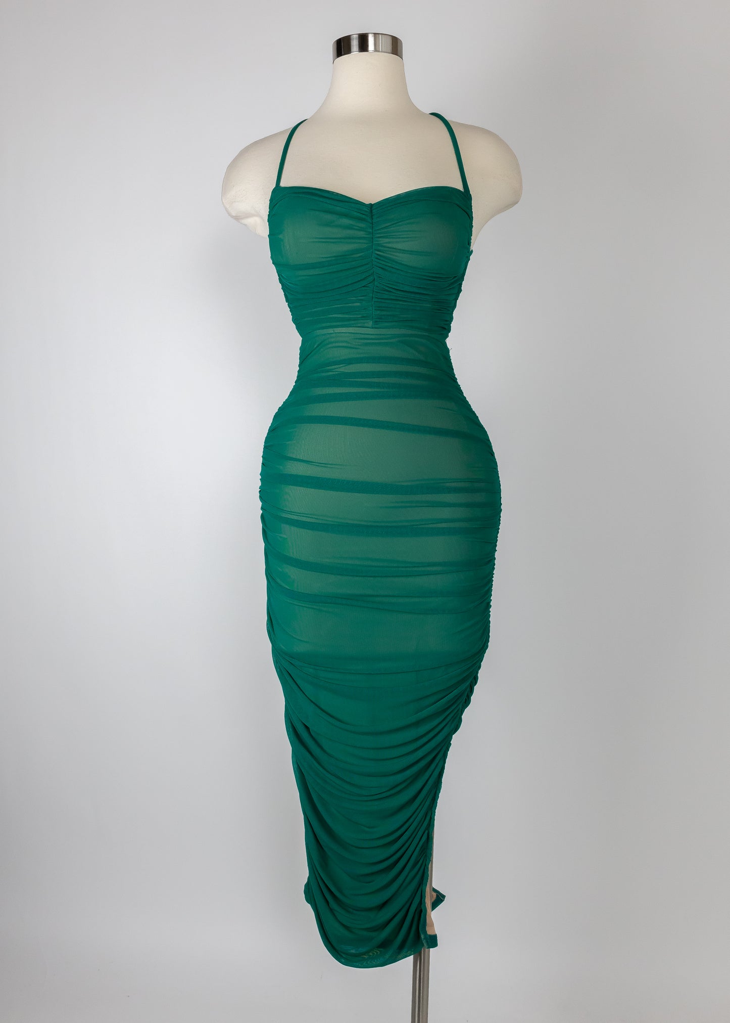 LUX MESH DRAWSTRING LACE UP BACK RUCHED MAXI DRESS