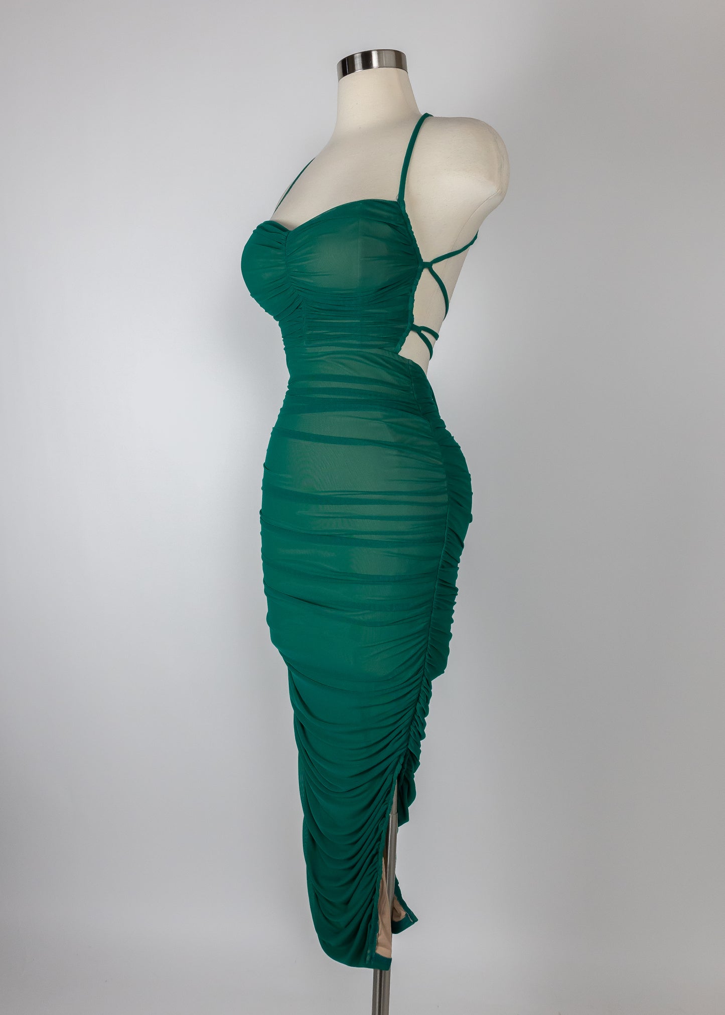 LUX MESH DRAWSTRING LACE UP BACK RUCHED MAXI DRESS