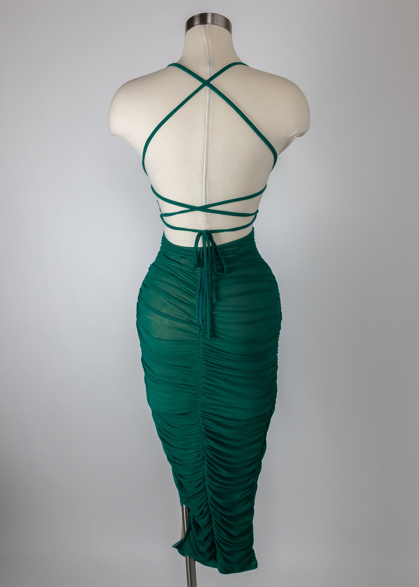 LUX MESH DRAWSTRING LACE UP BACK RUCHED MAXI DRESS