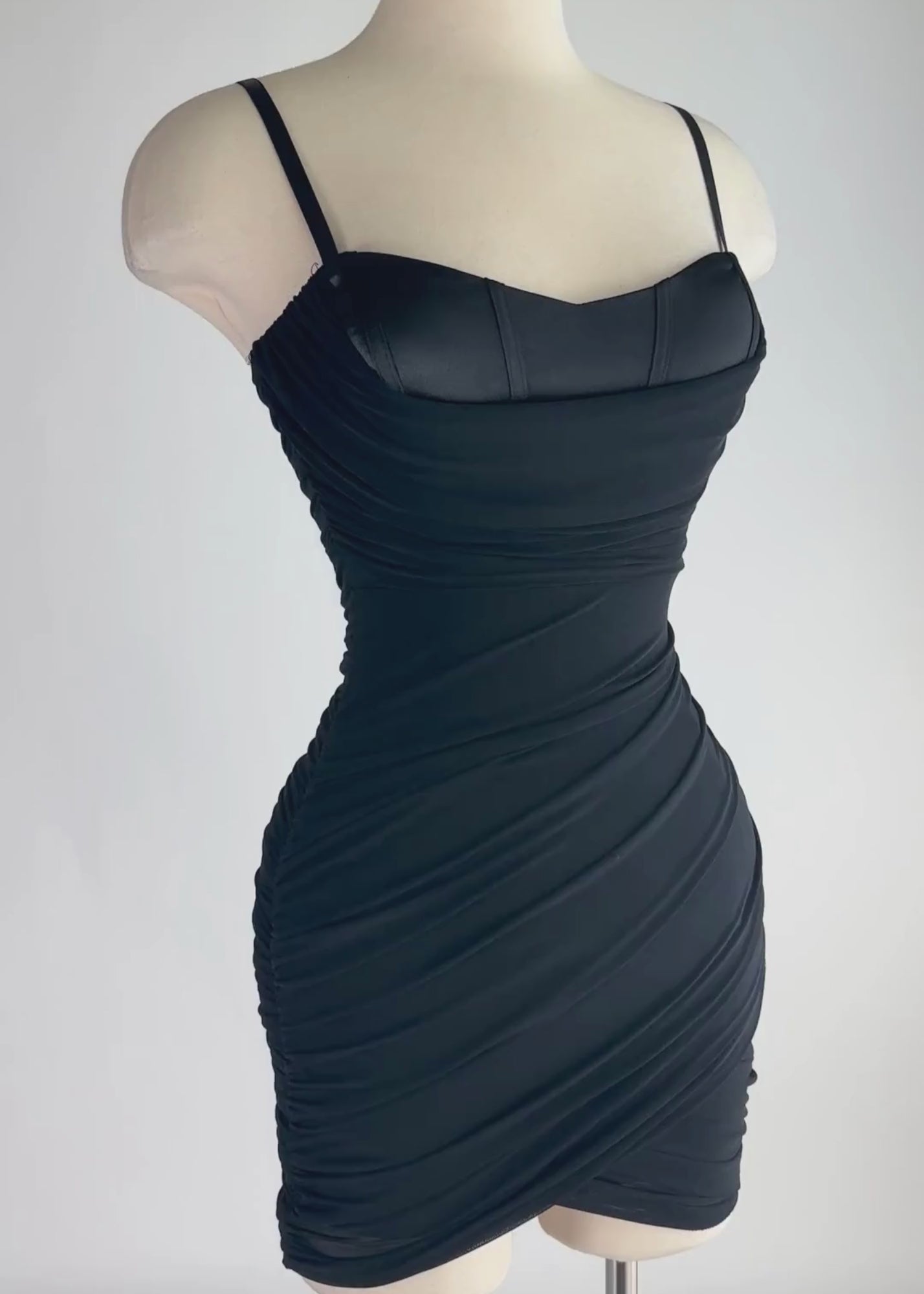 Lux mesh cowl neck tulip sleeveless bodycon mini dress