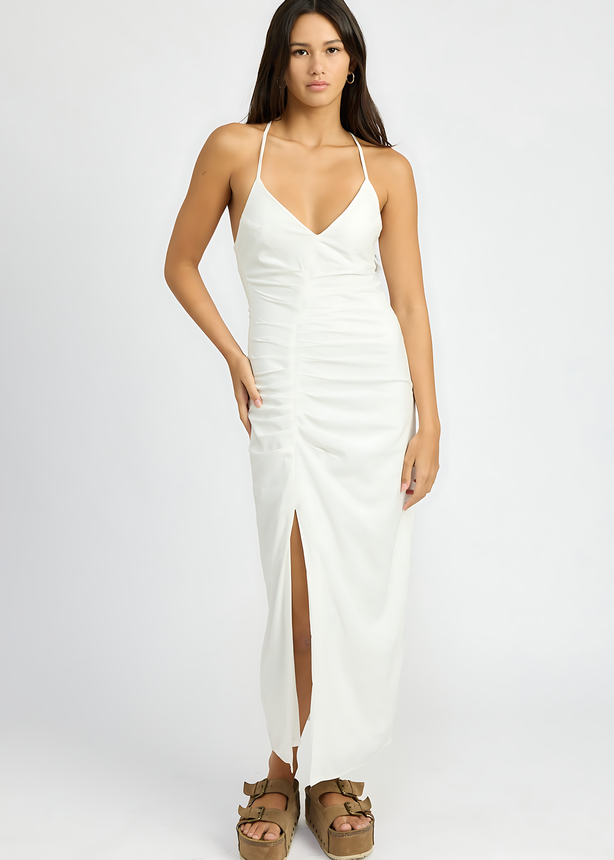 RUCHED SATIN DRESS WITH CROSSED BACK