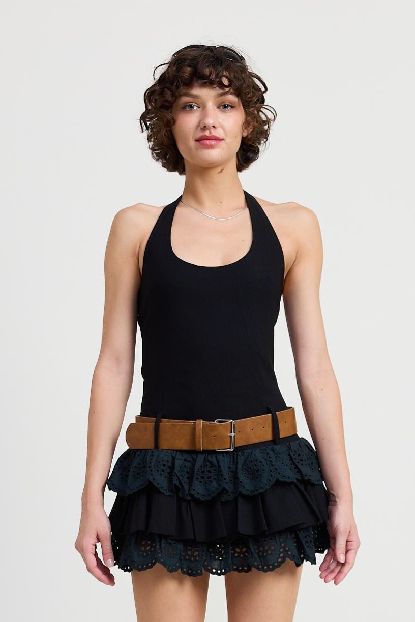 MINI BELTED TIERED EYELET HALTER DRESS