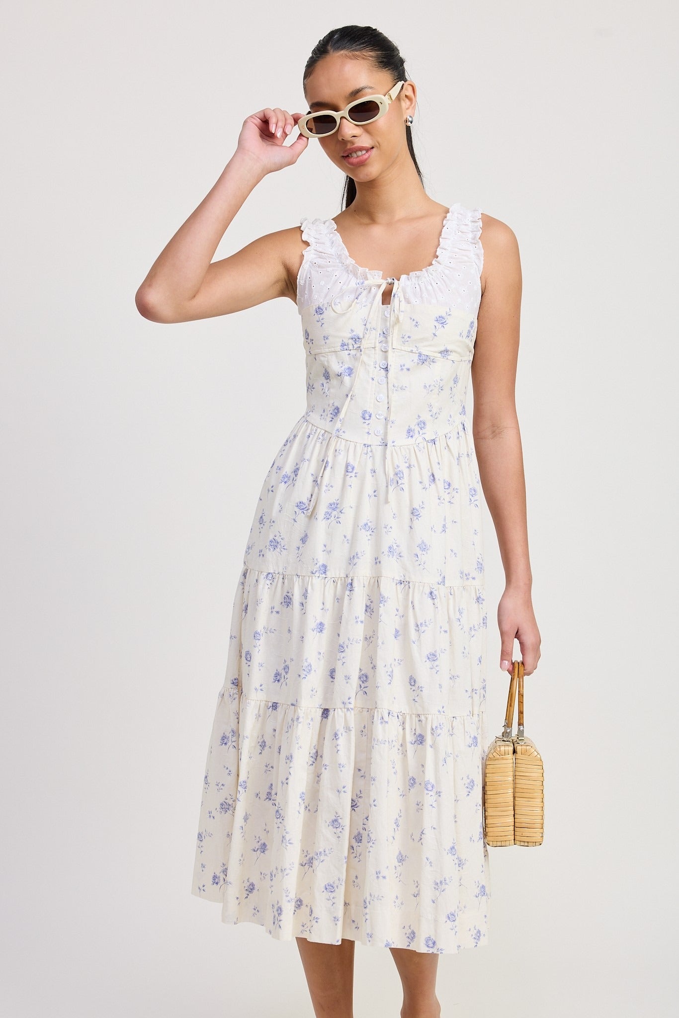 MIXED MEDIA EYELET PEEKABOO MIDI DRESS