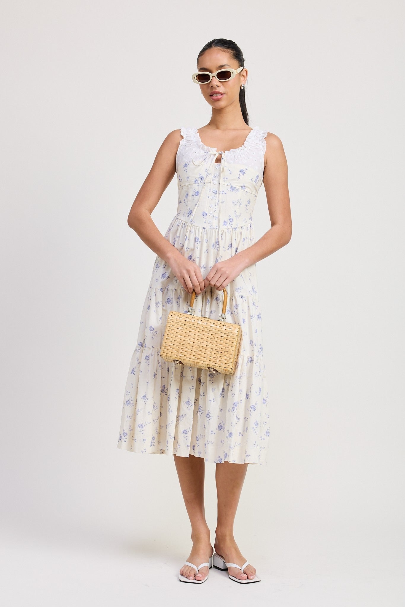 MIXED MEDIA EYELET PEEKABOO MIDI DRESS