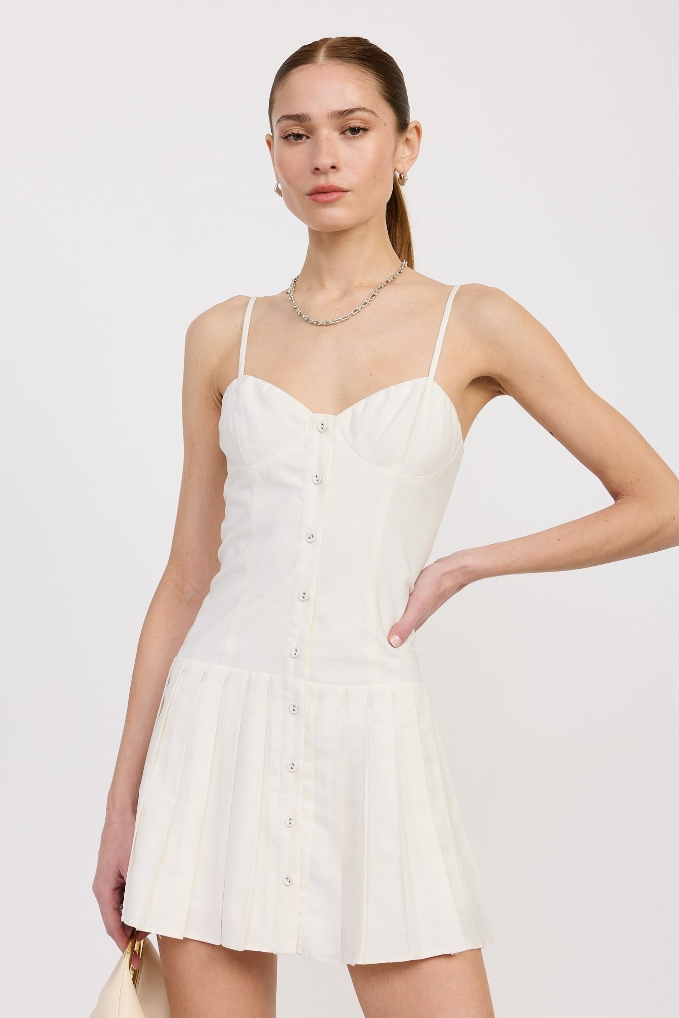 SPAGHETTI STRAP PLEATED MINI DRESS