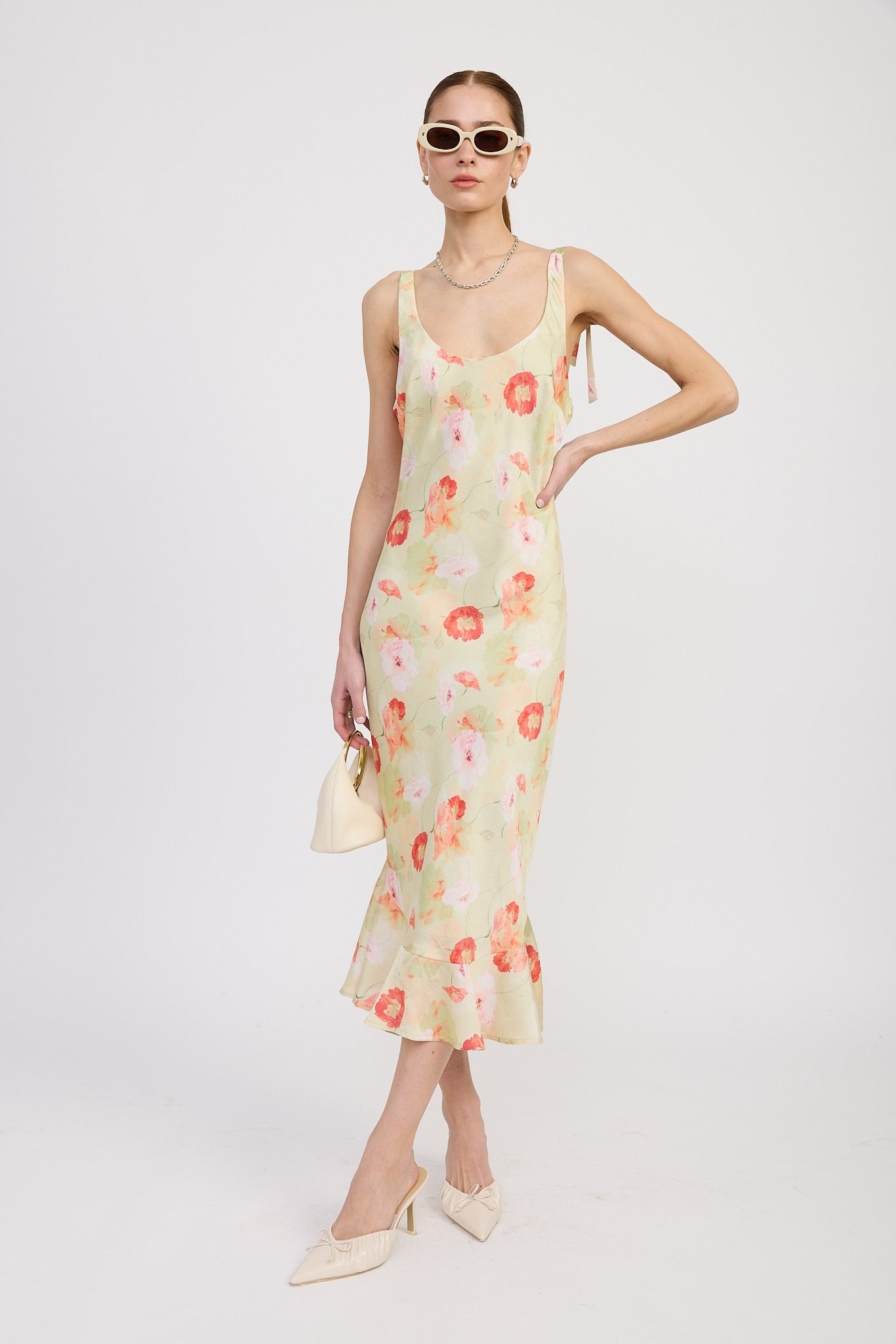 PRINTED SATIN MIDI DRESS WITH SCOOP NECK