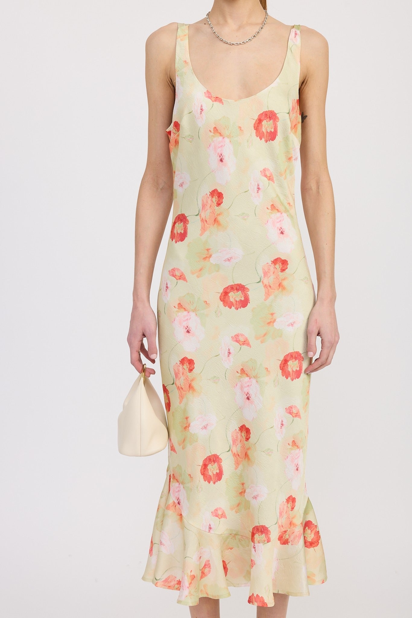 PRINTED SATIN MIDI DRESS WITH SCOOP NECK