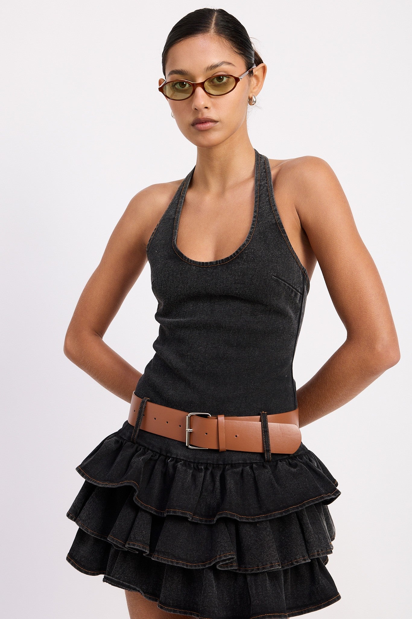 MINI BELTED RUFFLED DENIM DRESS WITH HALTER NECK