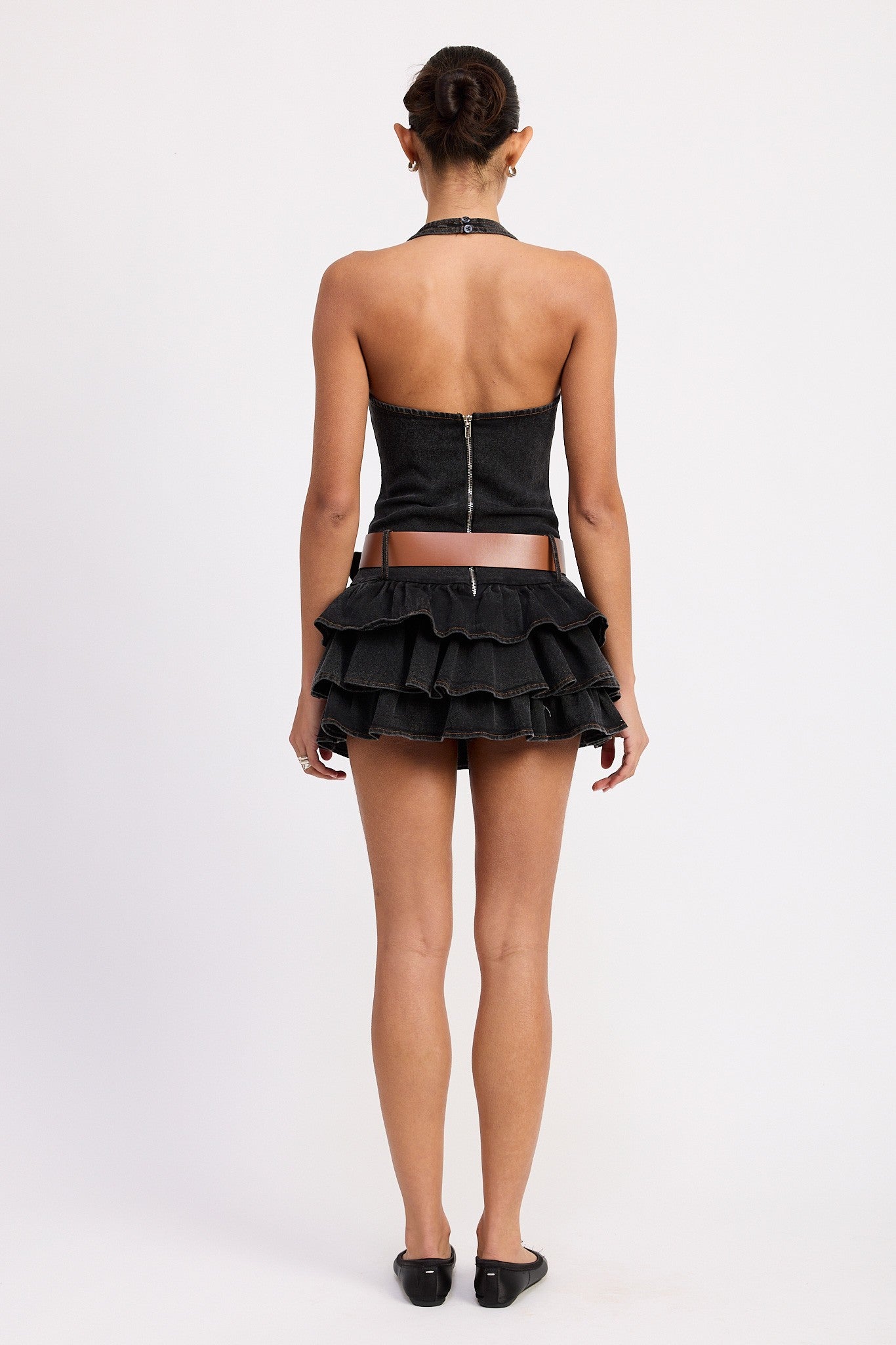 MINI BELTED RUFFLED DENIM DRESS WITH HALTER NECK