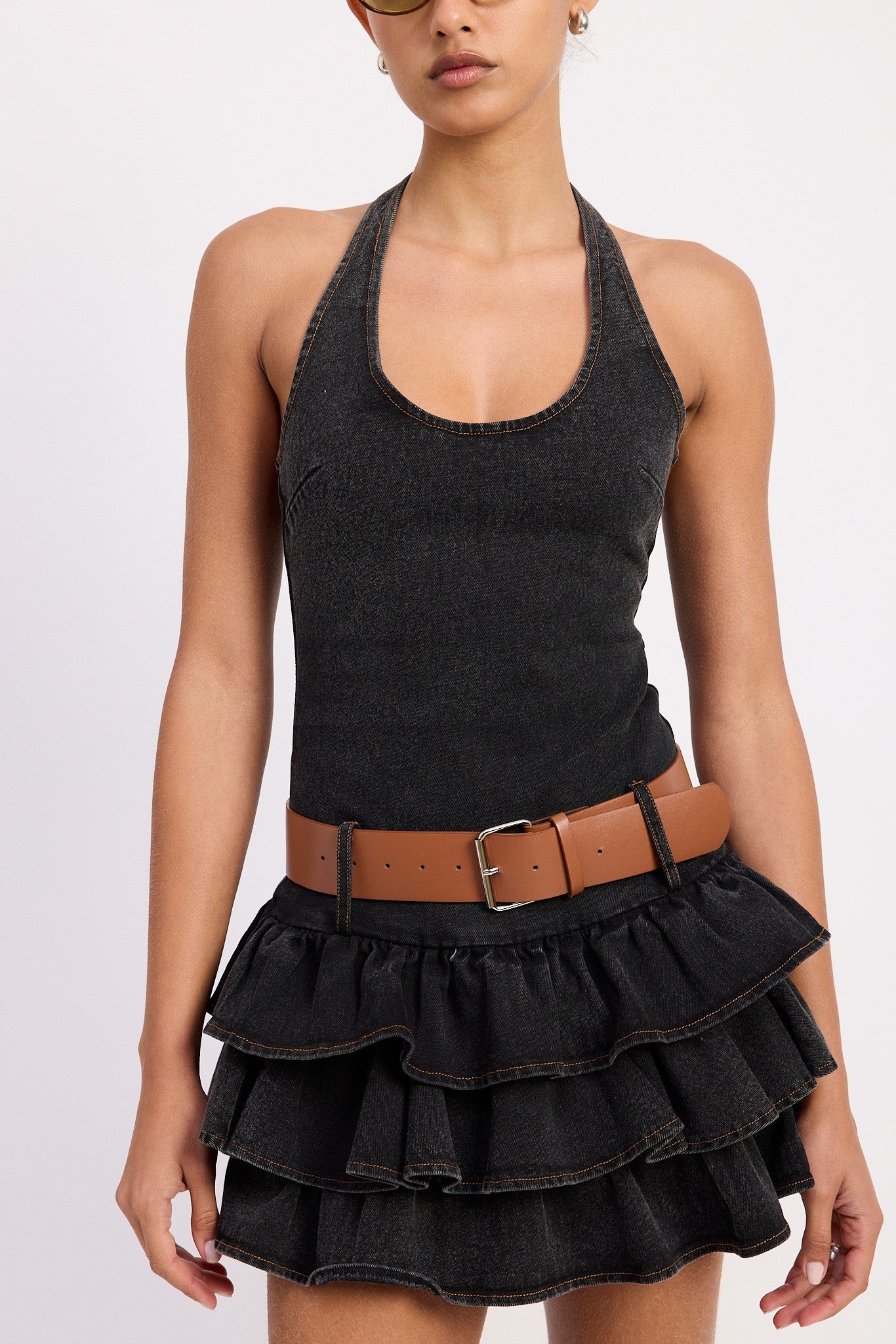 MINI BELTED RUFFLED DENIM DRESS WITH HALTER NECK