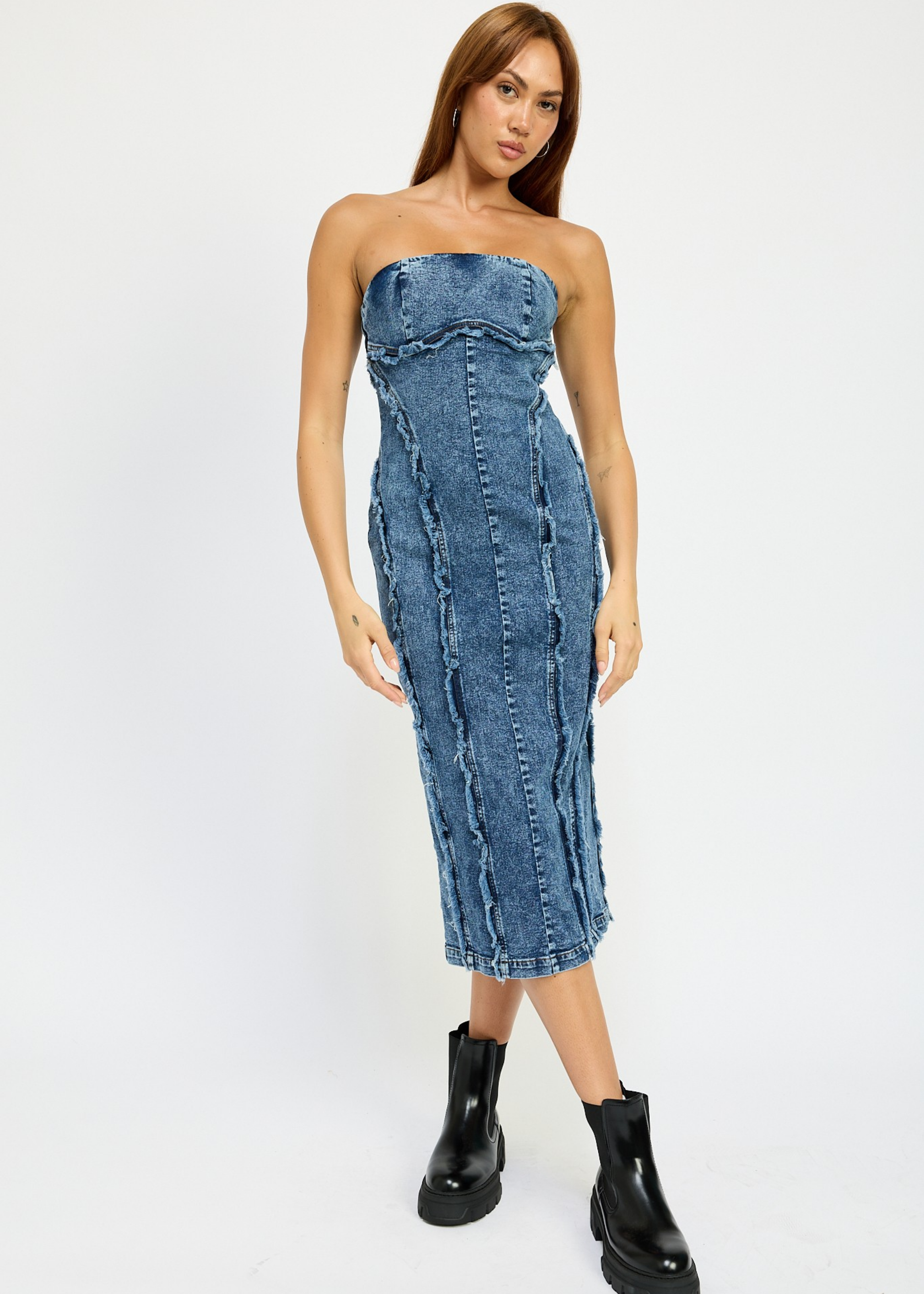 TUBE FRAYED SEAM MIDI DRESS