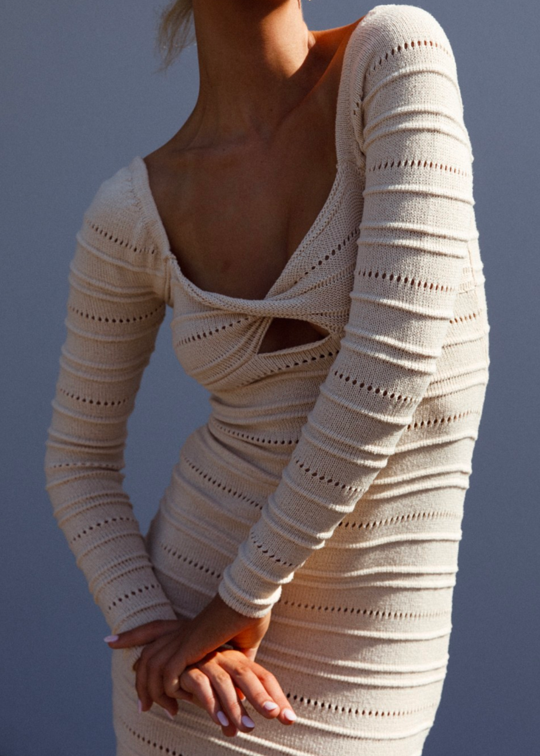 Crochet Knit Long Sleeved Midi Dress Not Lined