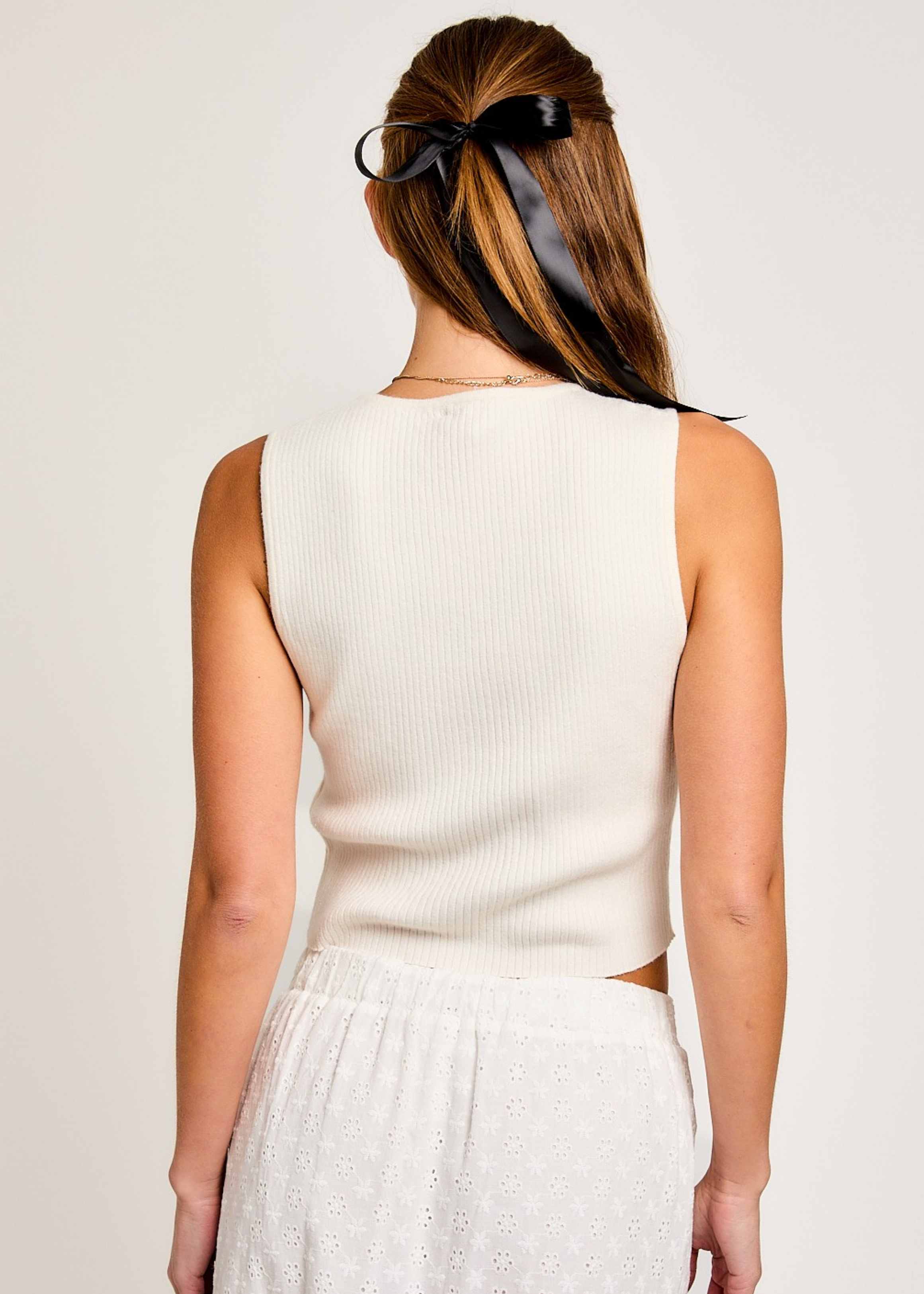 Satin Bow Detail Sleeveless Sweater Top