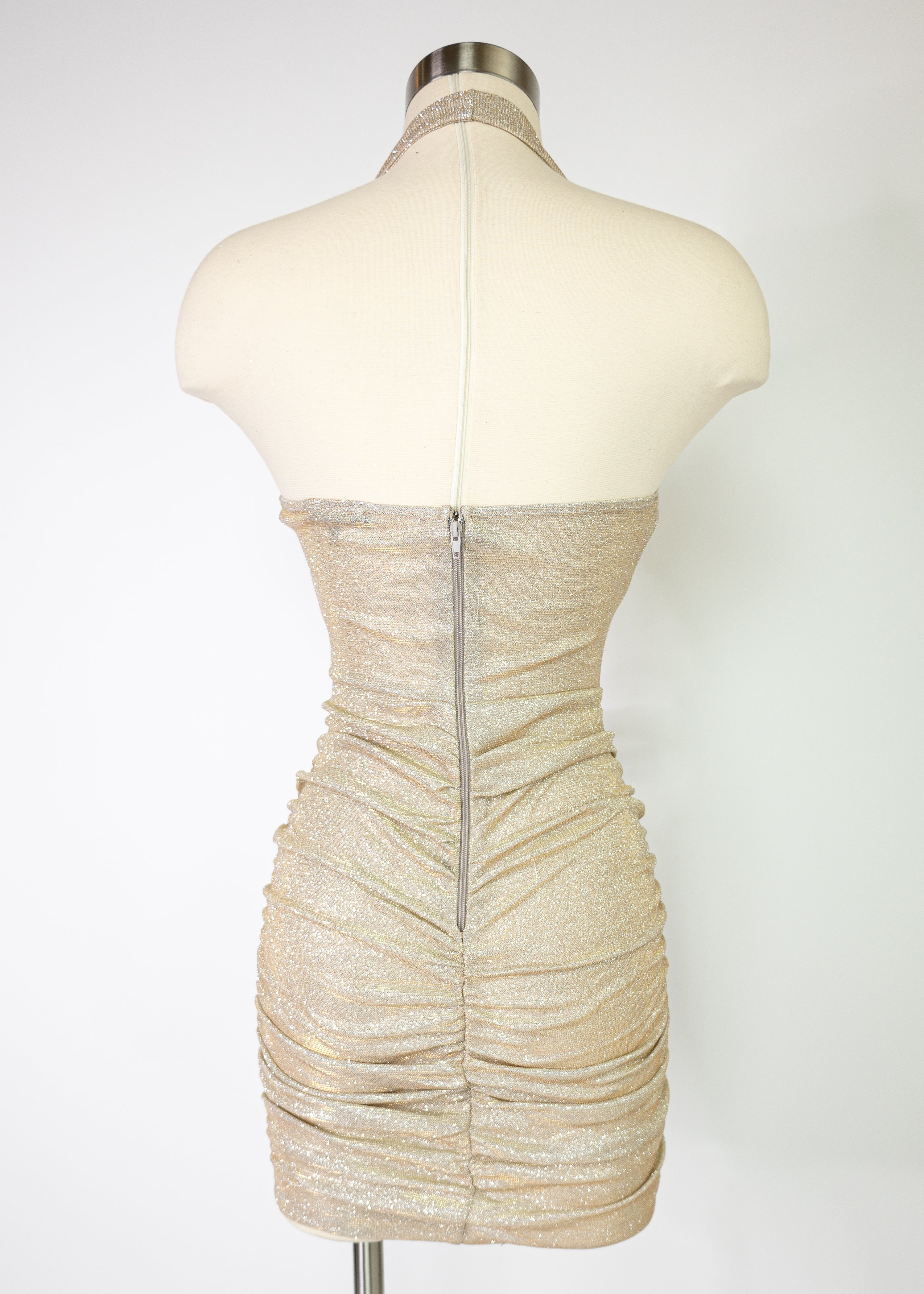 Halter corset inspired ruched glitter mini dress
