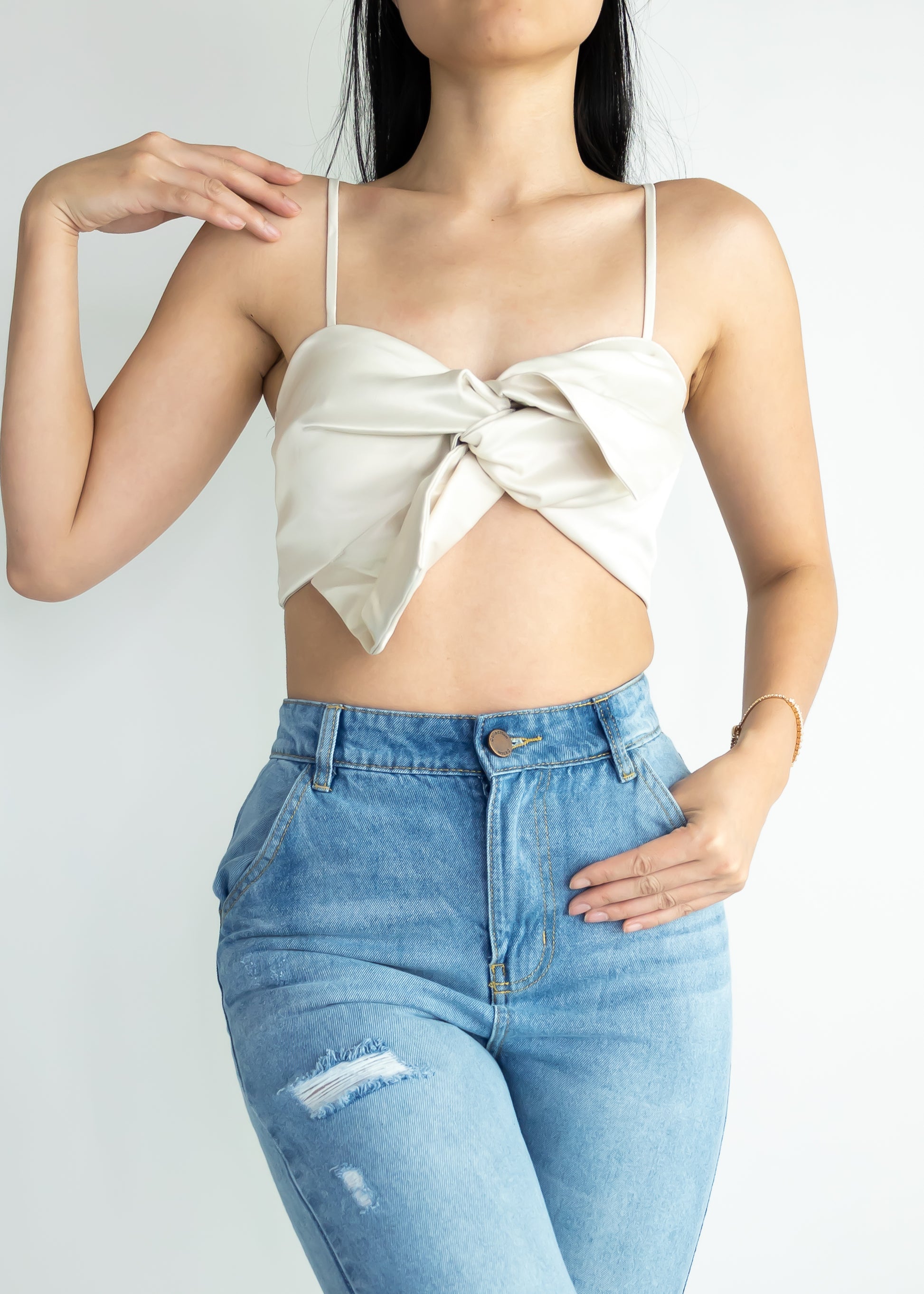Plain Spaghetti Strap Bow Knot Front Crop Cami Top