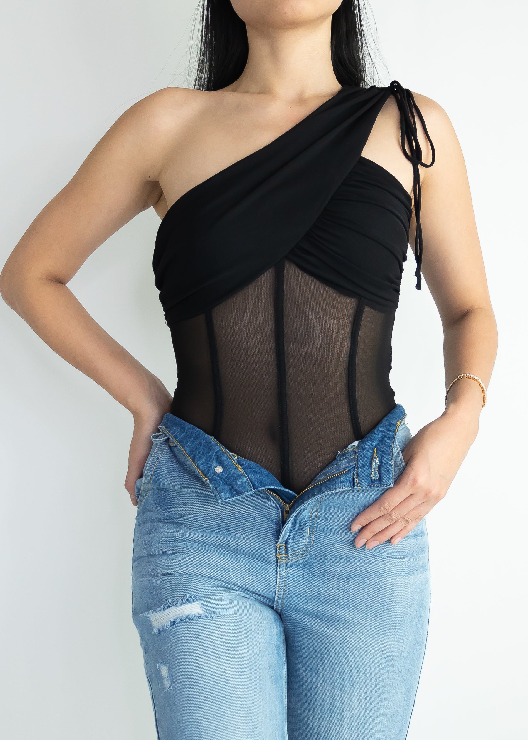 One shoulder corset-inspired bodysuit