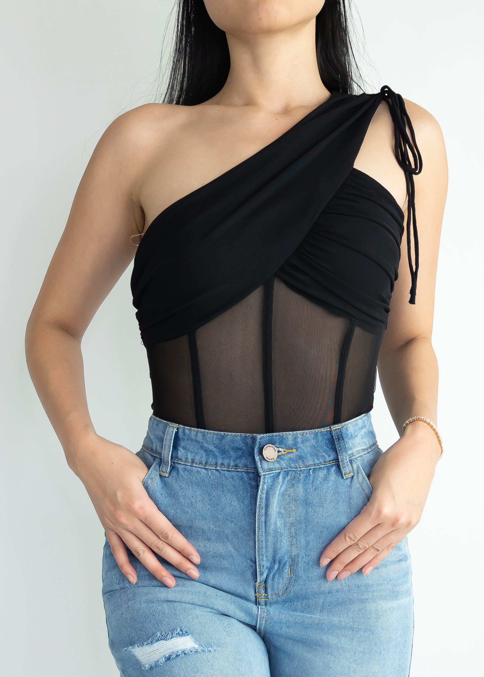 One shoulder corset-inspired bodysuit