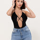  Open back solid cut out with chain halter bodysuit