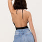  Open back solid cut out with chain halter bodysuit