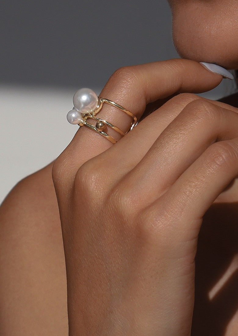 Gold Beads Pearls Statement Opening Ring
