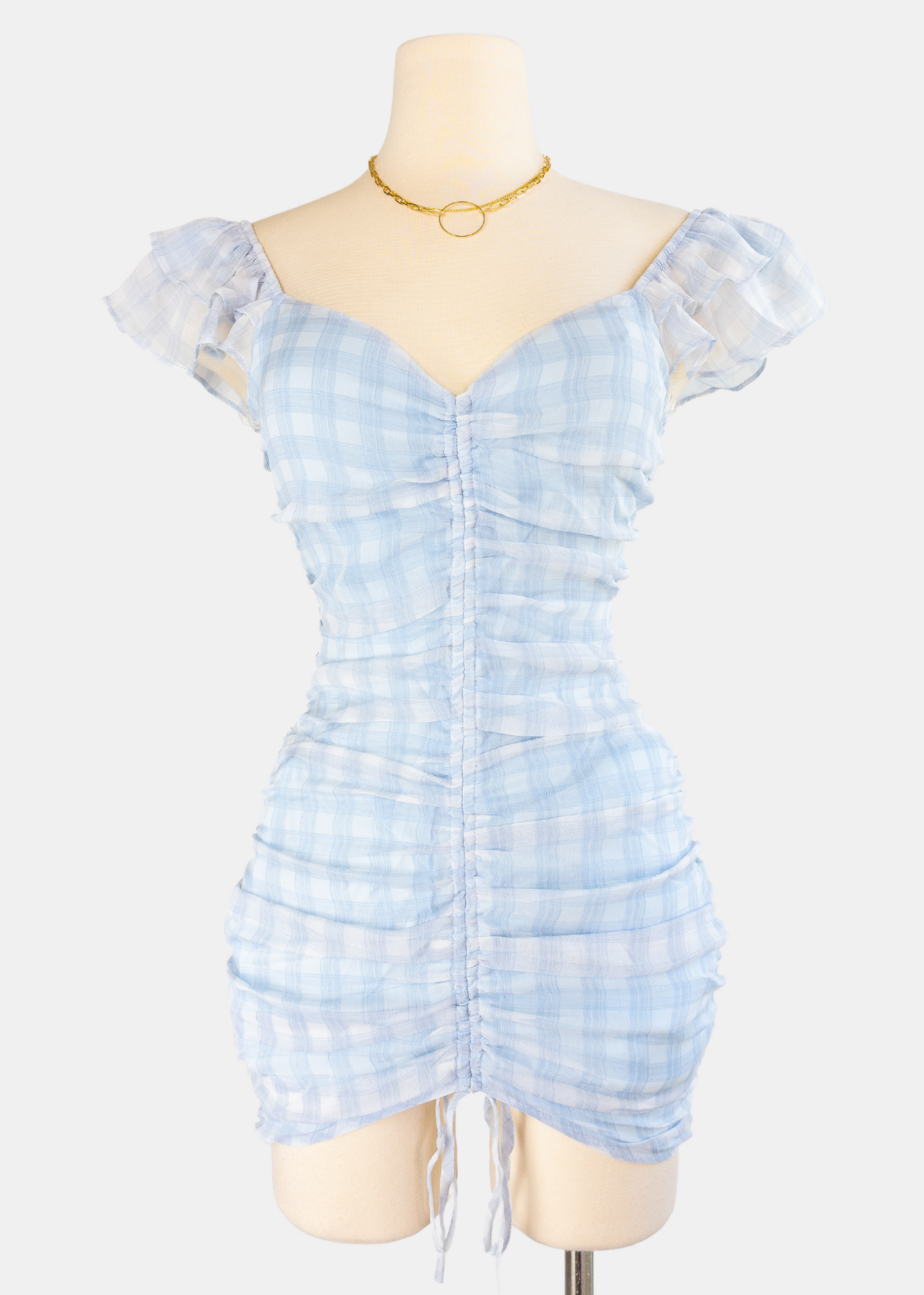 Gingham chiffon flutter sleeves knot ruched dress