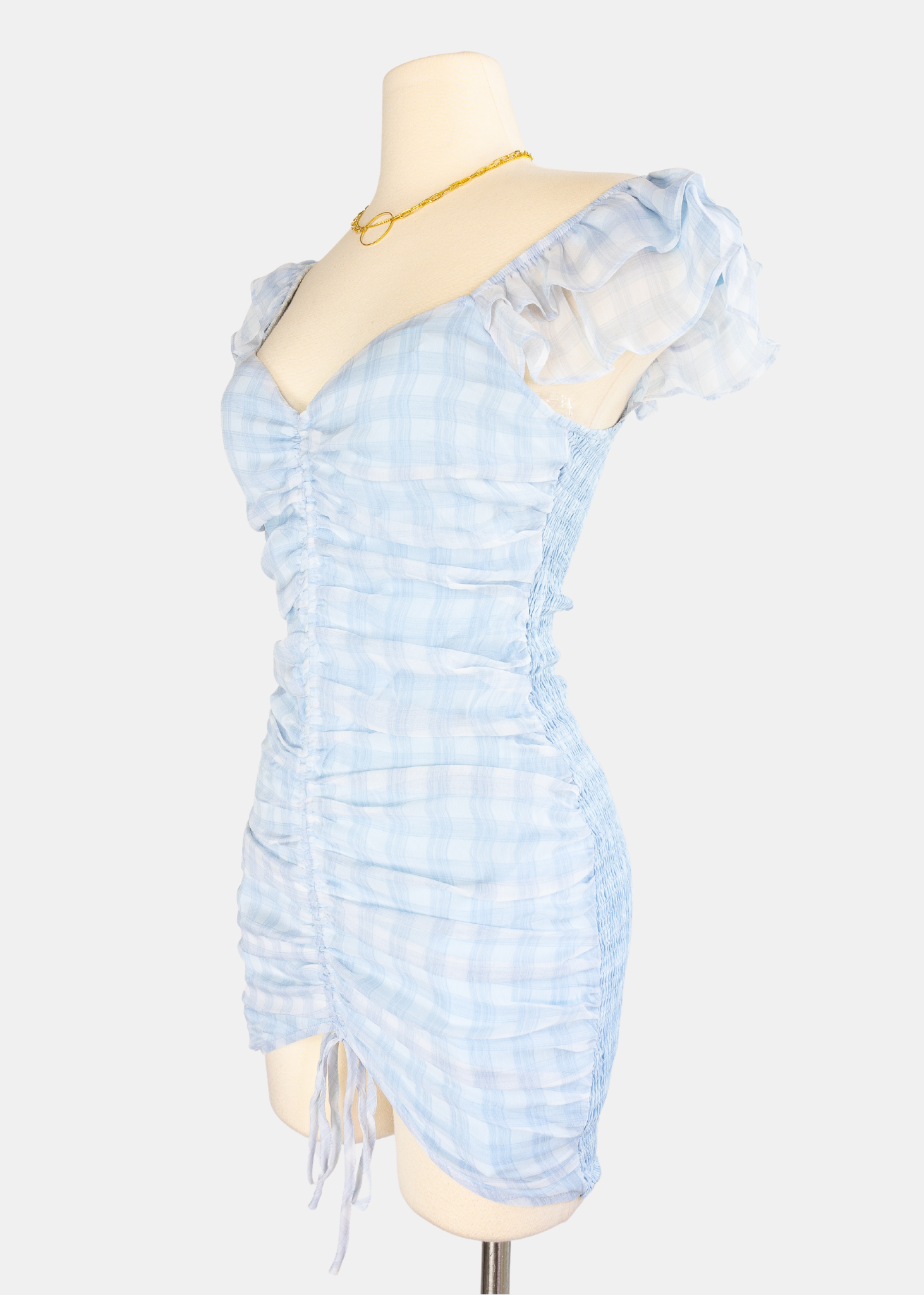 Gingham chiffon flutter sleeves knot ruched dress