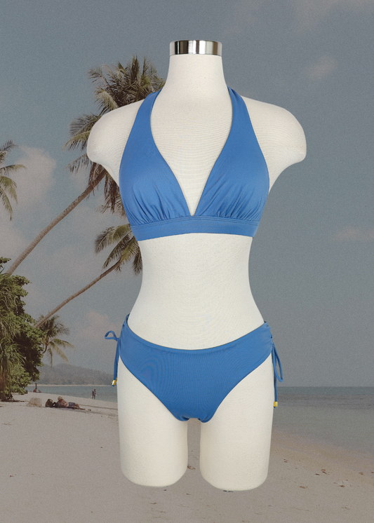 Solid Halter Bikini Set With Ruching Side Bottom