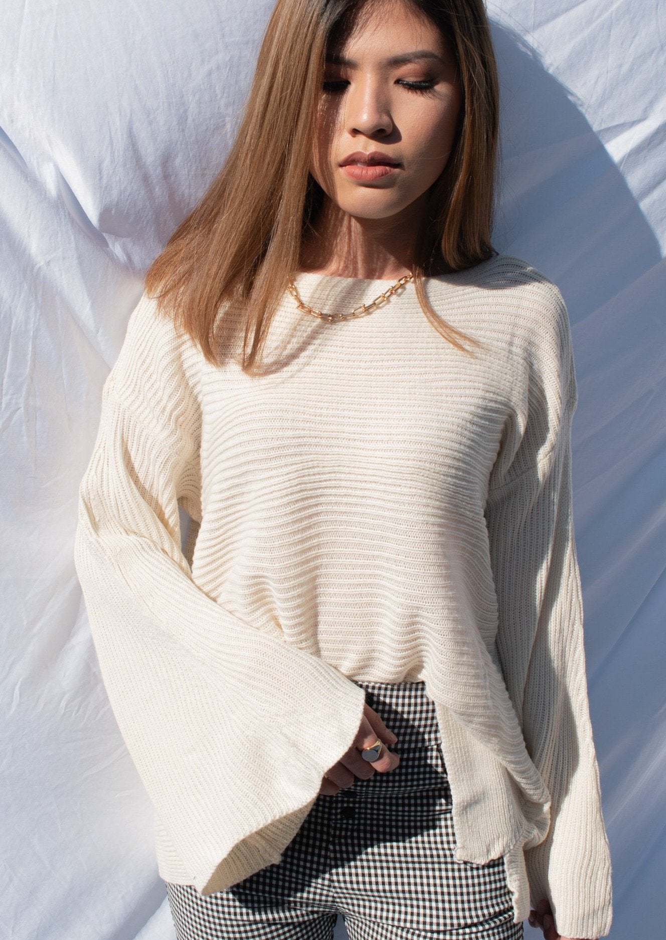 White Bell Sleeve Sweater - MYPHEME