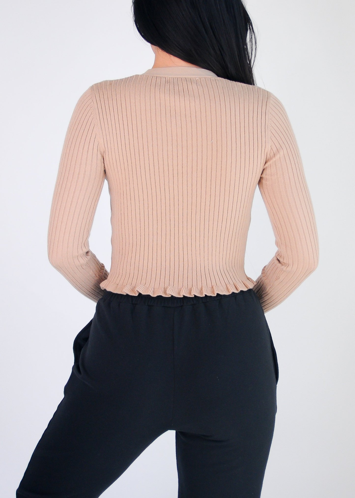 Single button cardigan crop top with ruffle details