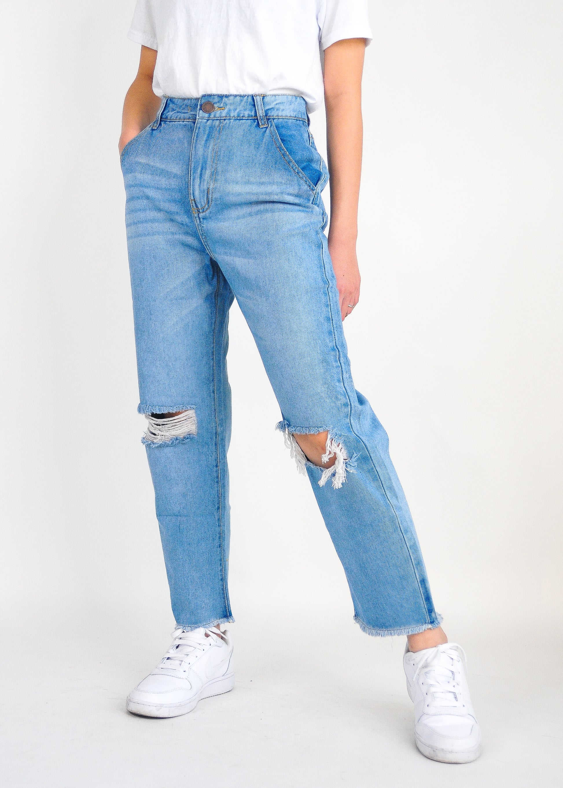 Distressed High Rise Ankle Straight Jeans