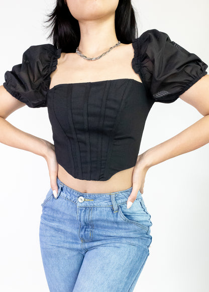 Corset style top with puff sleeve
